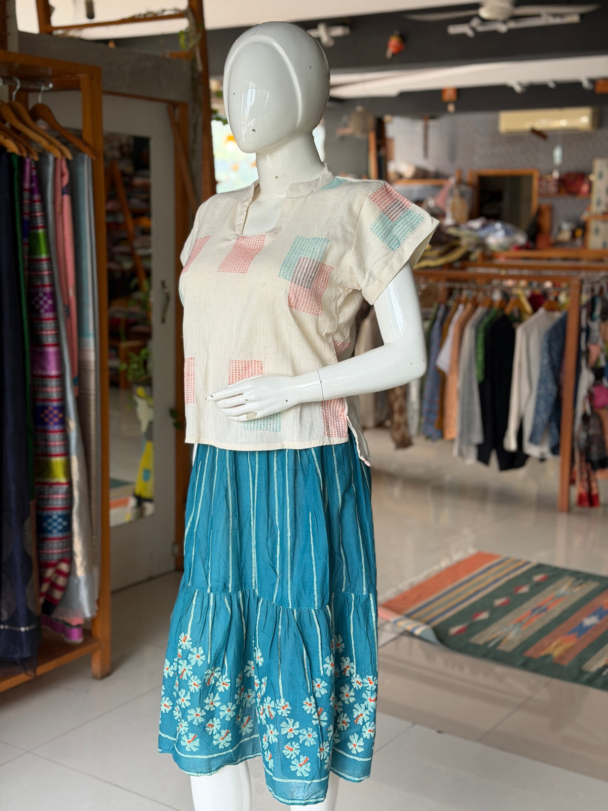 Teal Parijat hand block printed cotton skirt - free size