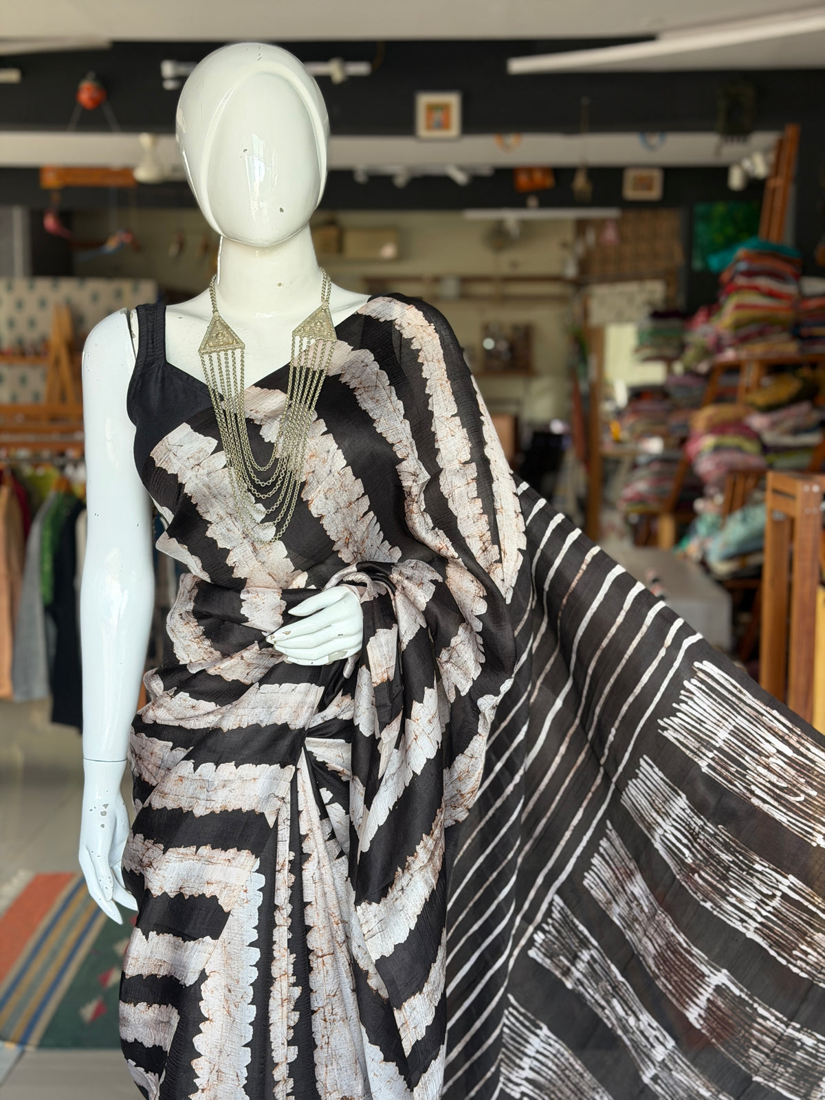 Black brown hand painted, hand batik soft 3 ply Murshidabad silk saree