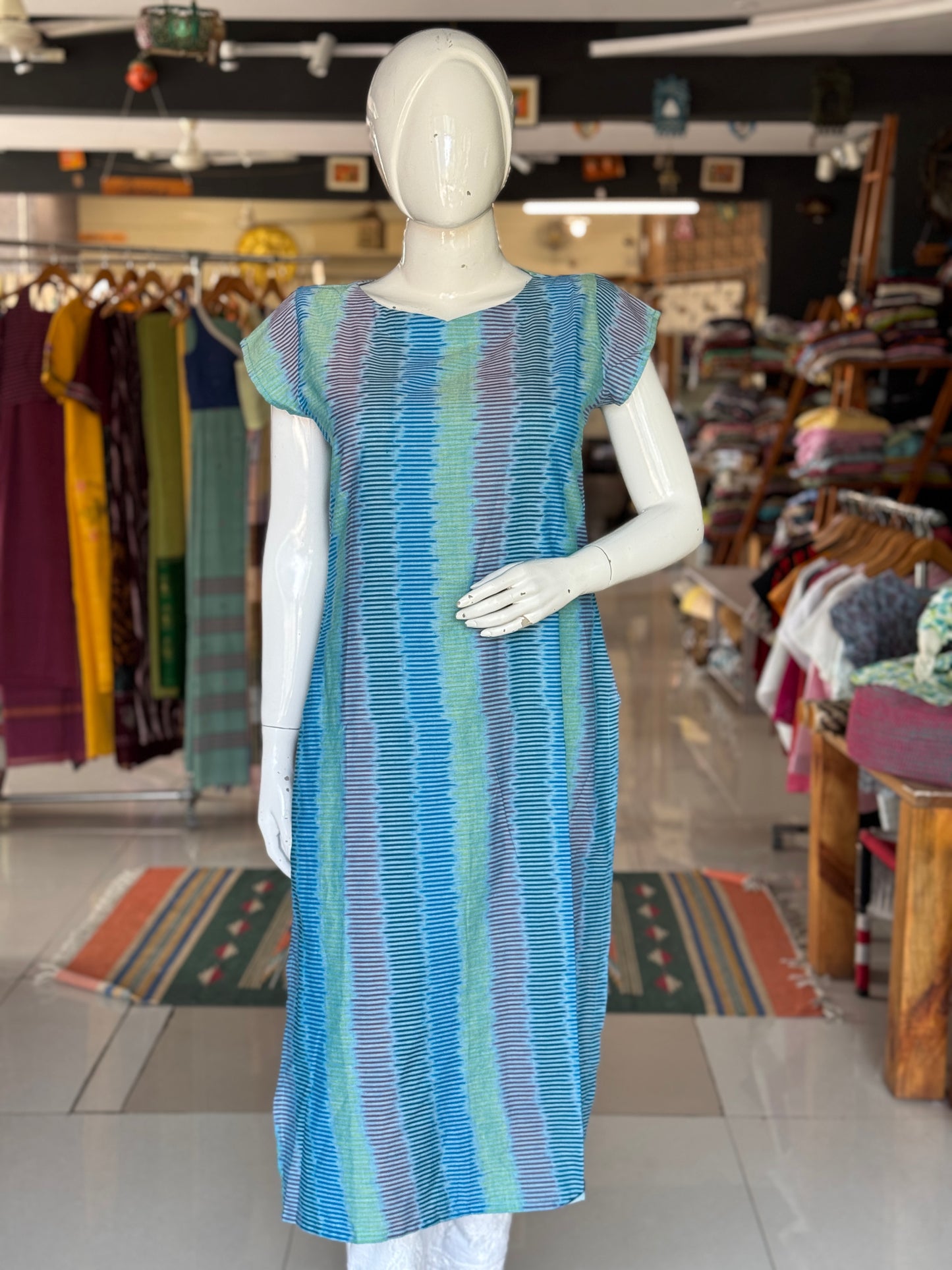 Blue ikat hand woven cotton straight kurti