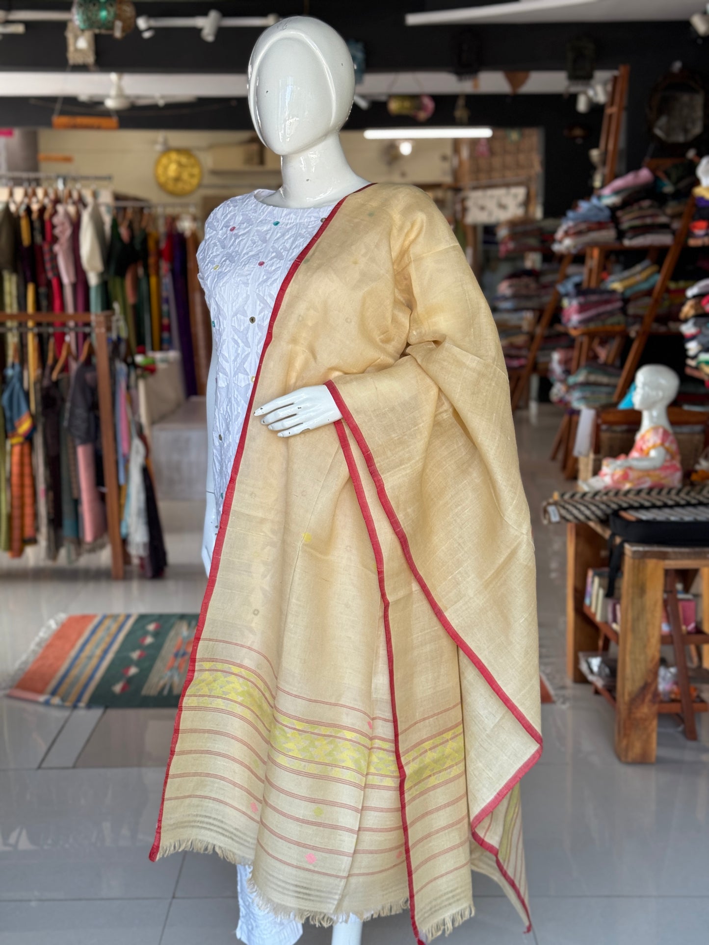 Beige Dhakai silk cotton Manipuri handloom dupatta