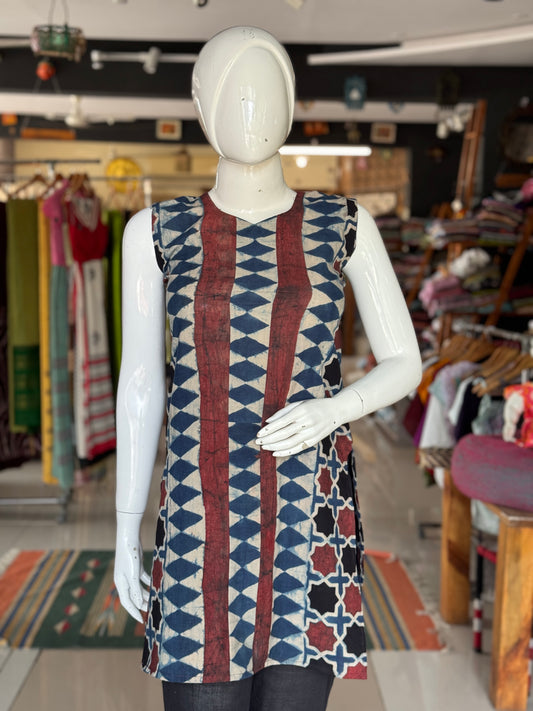 Indigo Ajrakh hand block printed cotton sleeveless straight kurti with diamond pattern