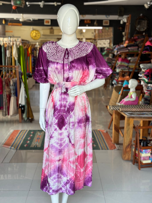 Purple and pink shibori and clamp dyed soft modal dress