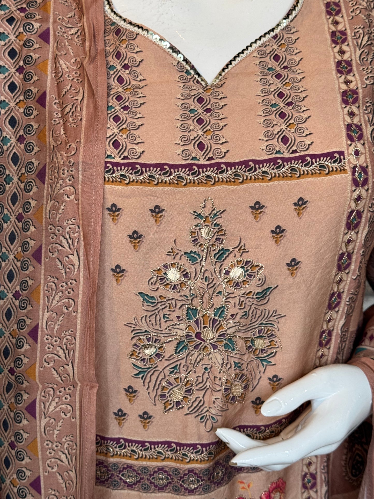 Sandal beige tone muslin embroidered 3 piece suit set - festive wear set