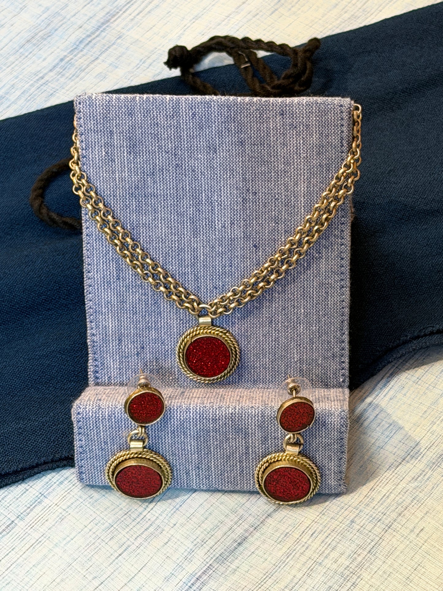Red round pendant with double chains handcrafted choker and ear rings set