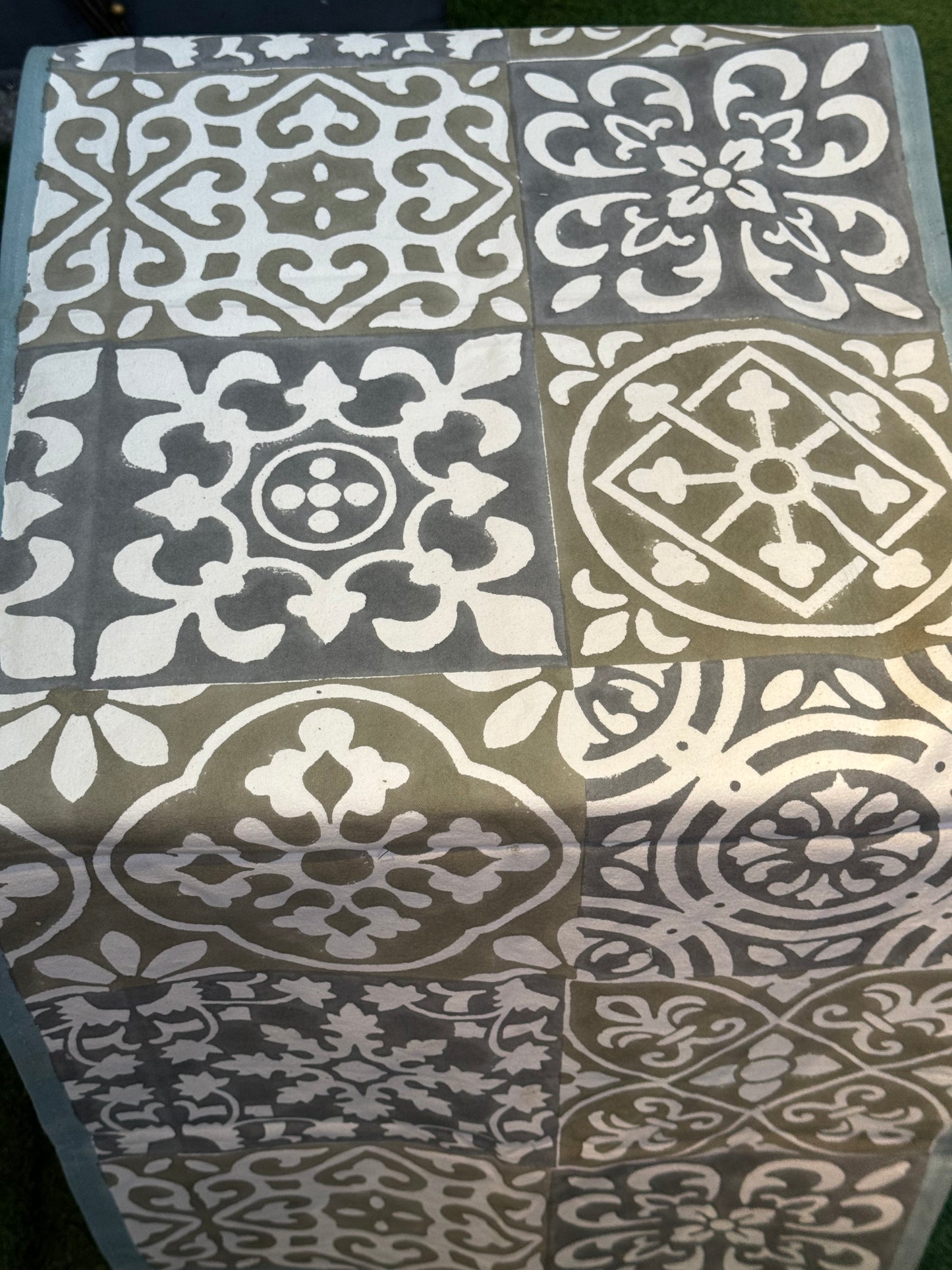 Grey green white hand block printed canvas table runner