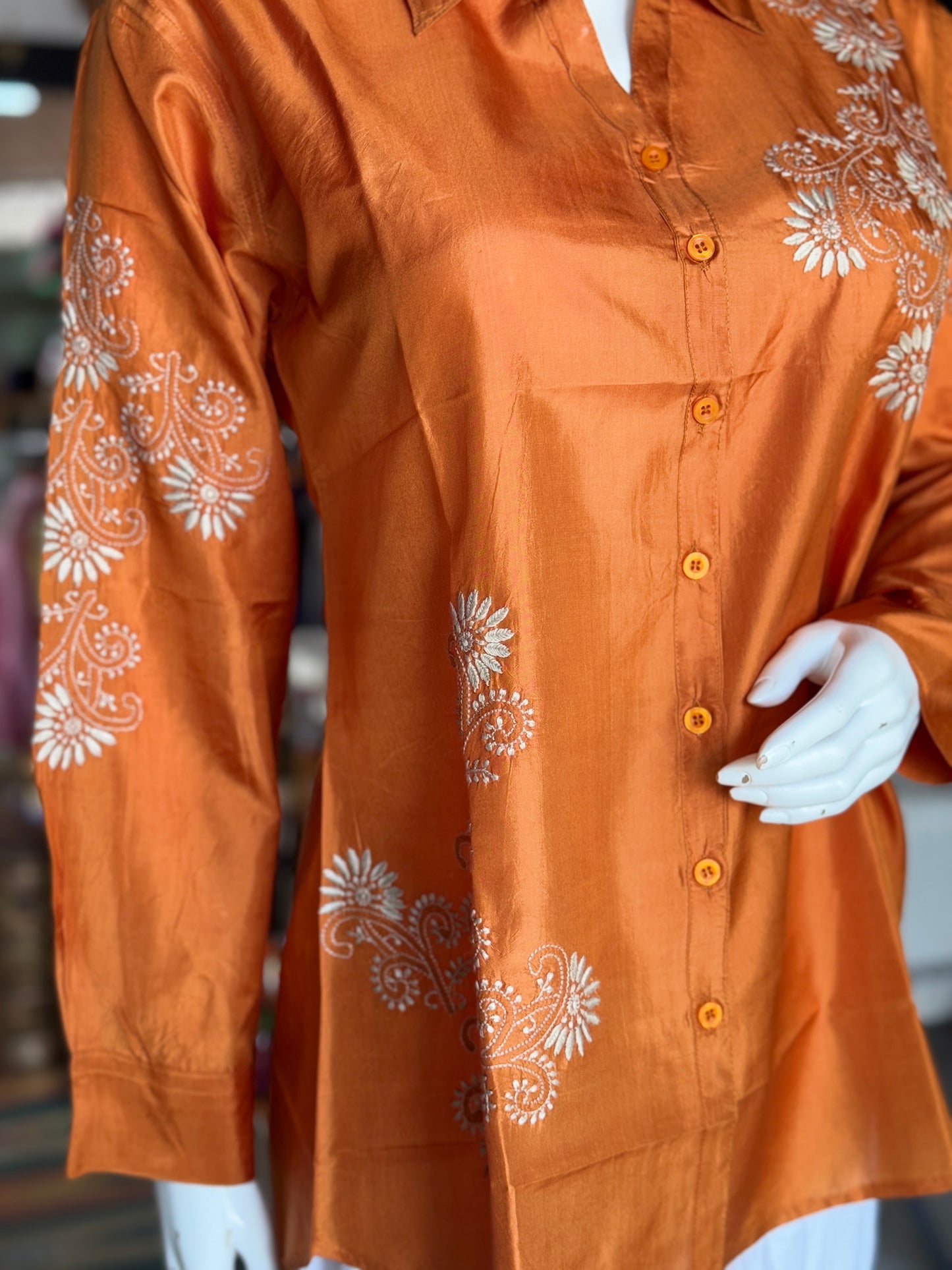 Burnt orange tone fine tussar silk Chikankari hand embroidered shirt for women