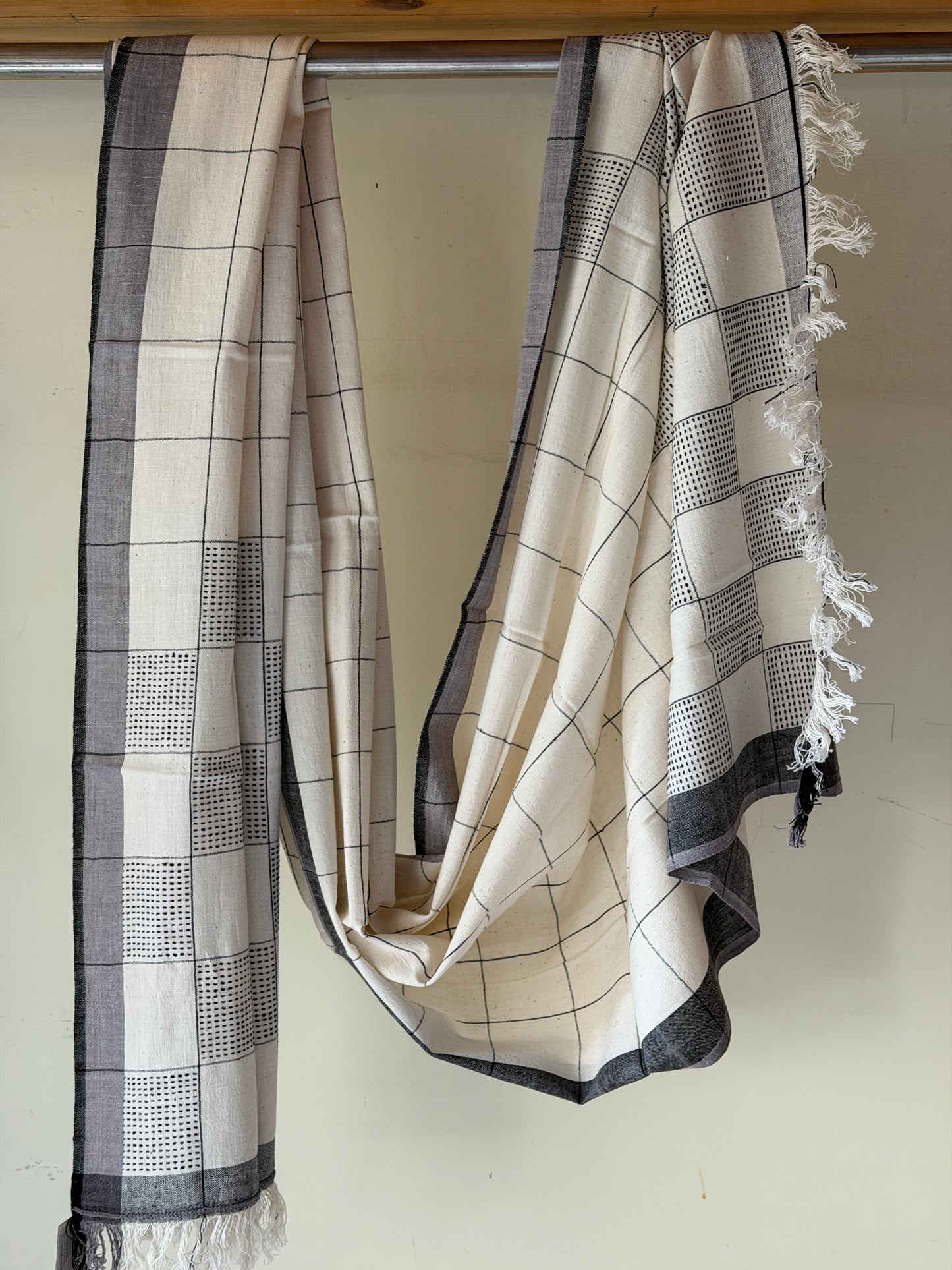 Off white hand spun, handloom cotton dupatta / stole with black thread work rectangles