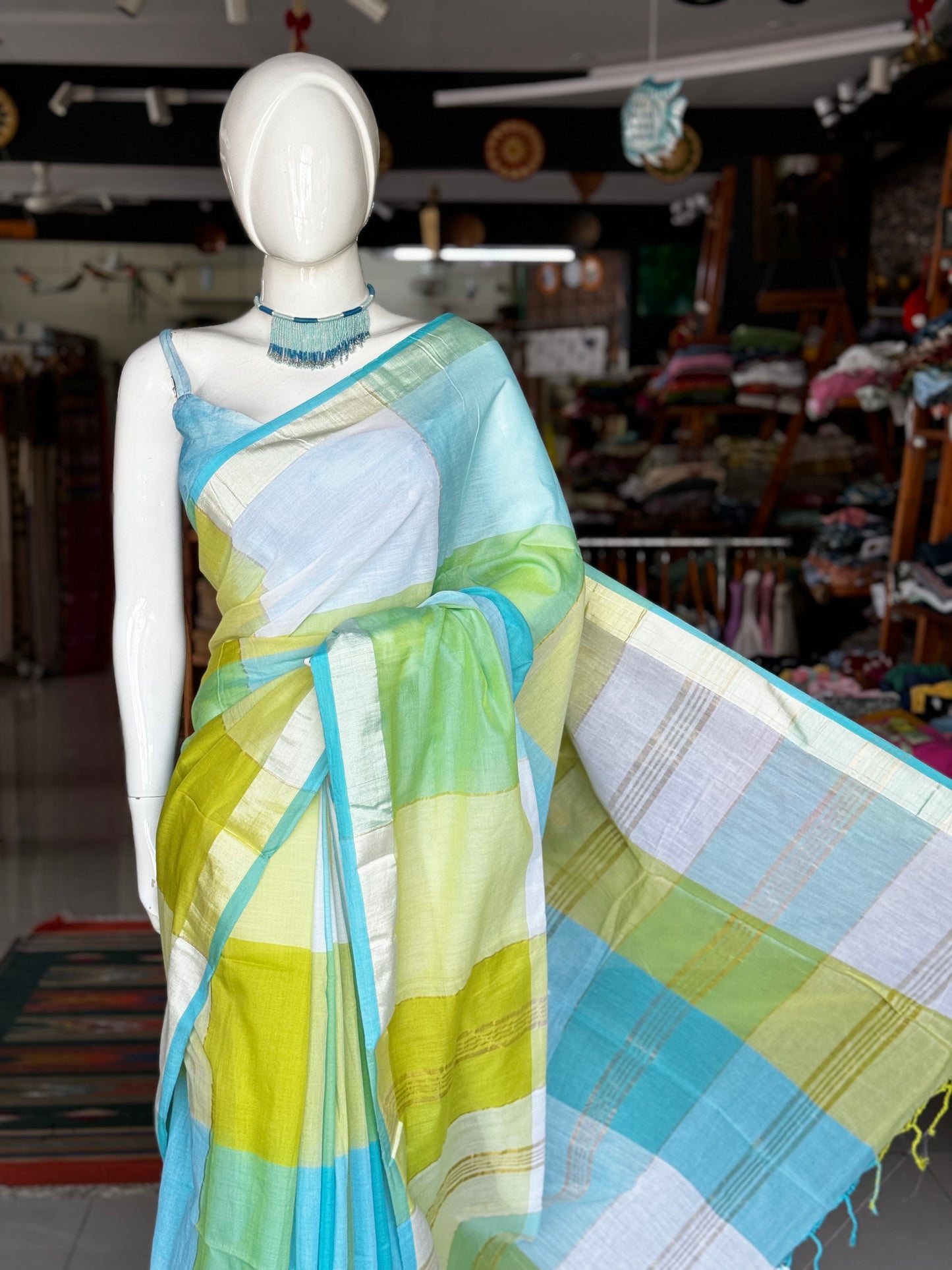 Blue green and white pastel color block handwoven cotton saree