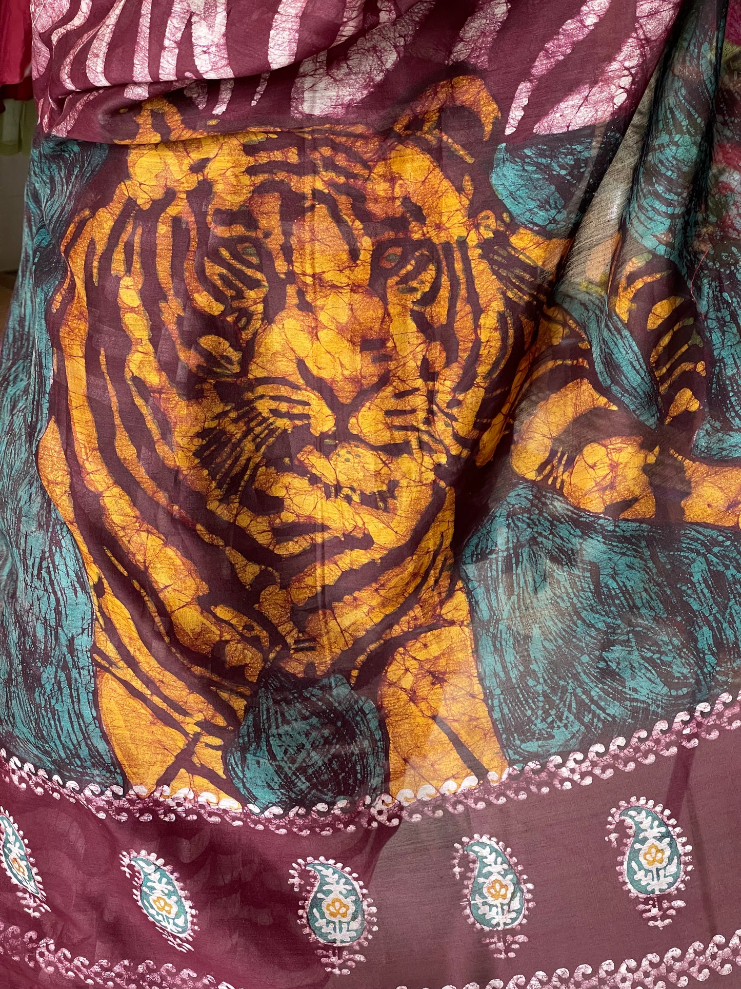 Tiger hand painted Wax batik silk cotton Maheshwari handloom saree with Narmada lehar border