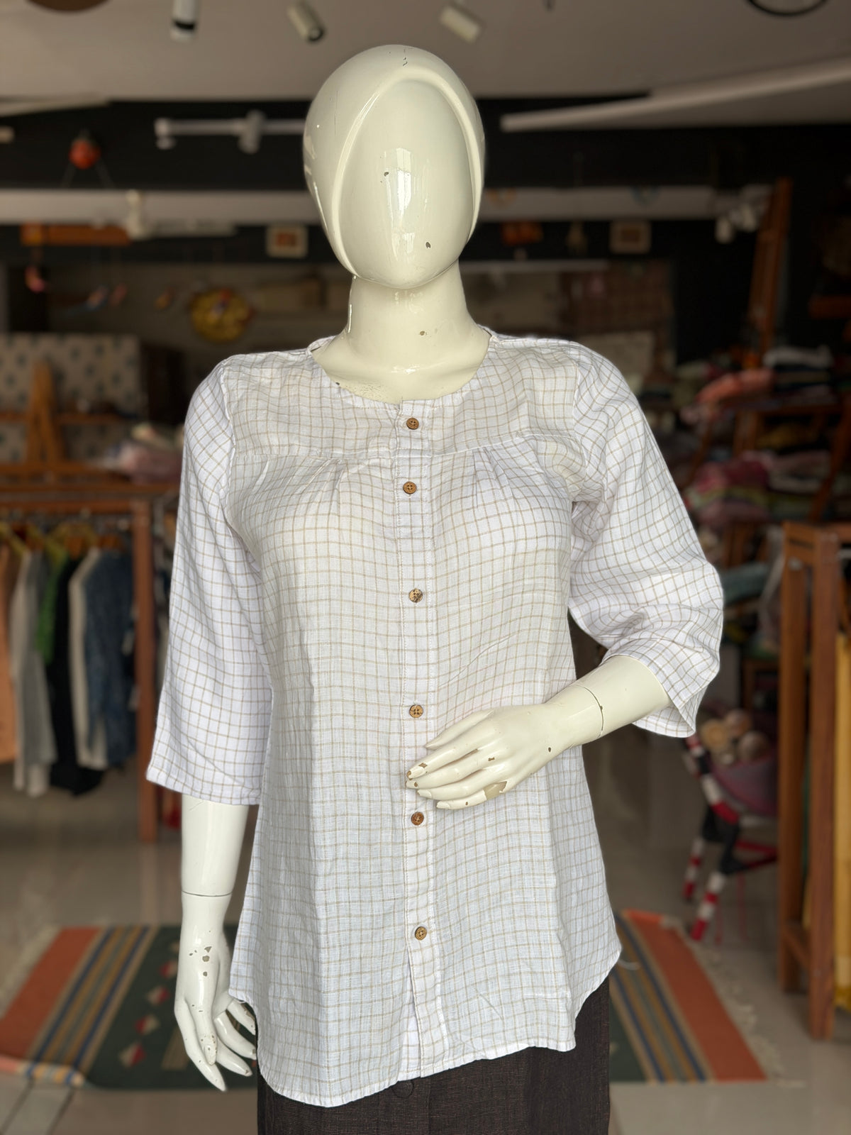 White with light brown checks hemp buttoned top
