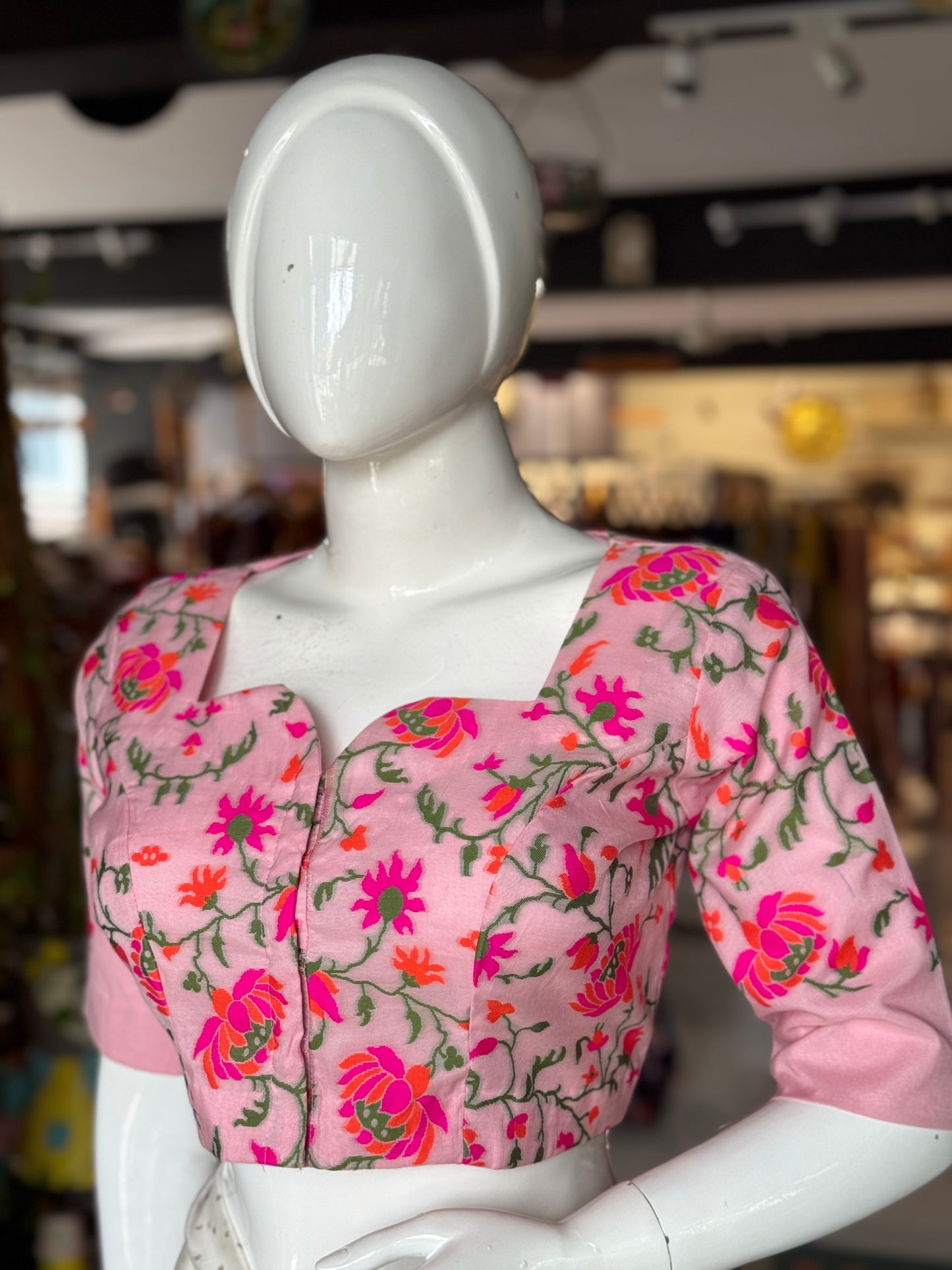 Pink Banarasi floral cotton blouse - front open, with lining