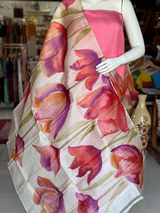 Pink n purple flowers on cream base - hand painted tussar silk floral dupatta