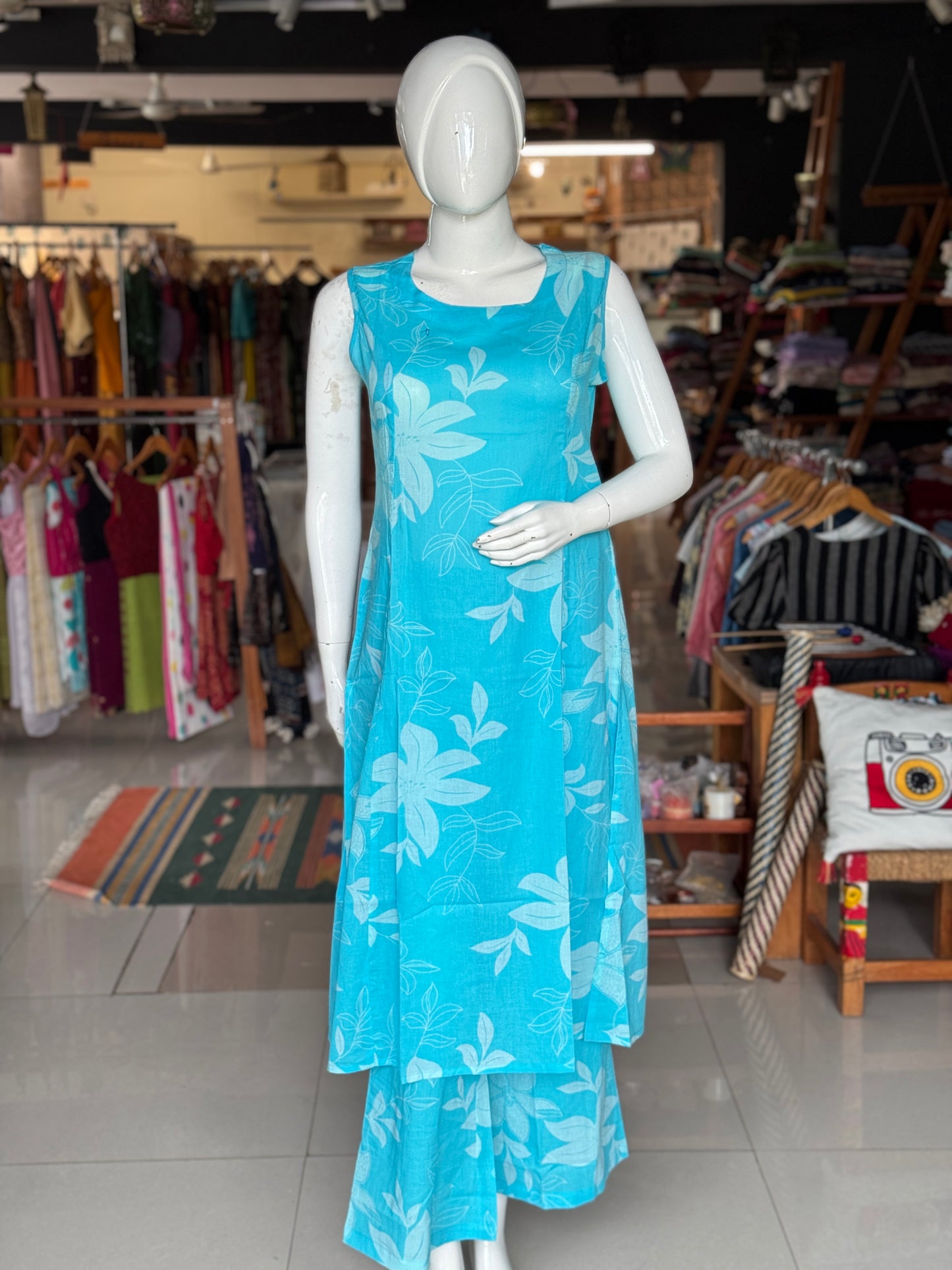 Floral print sleeveless cotton kurti, flared pants - coord set , 2 piece - multiple colors options