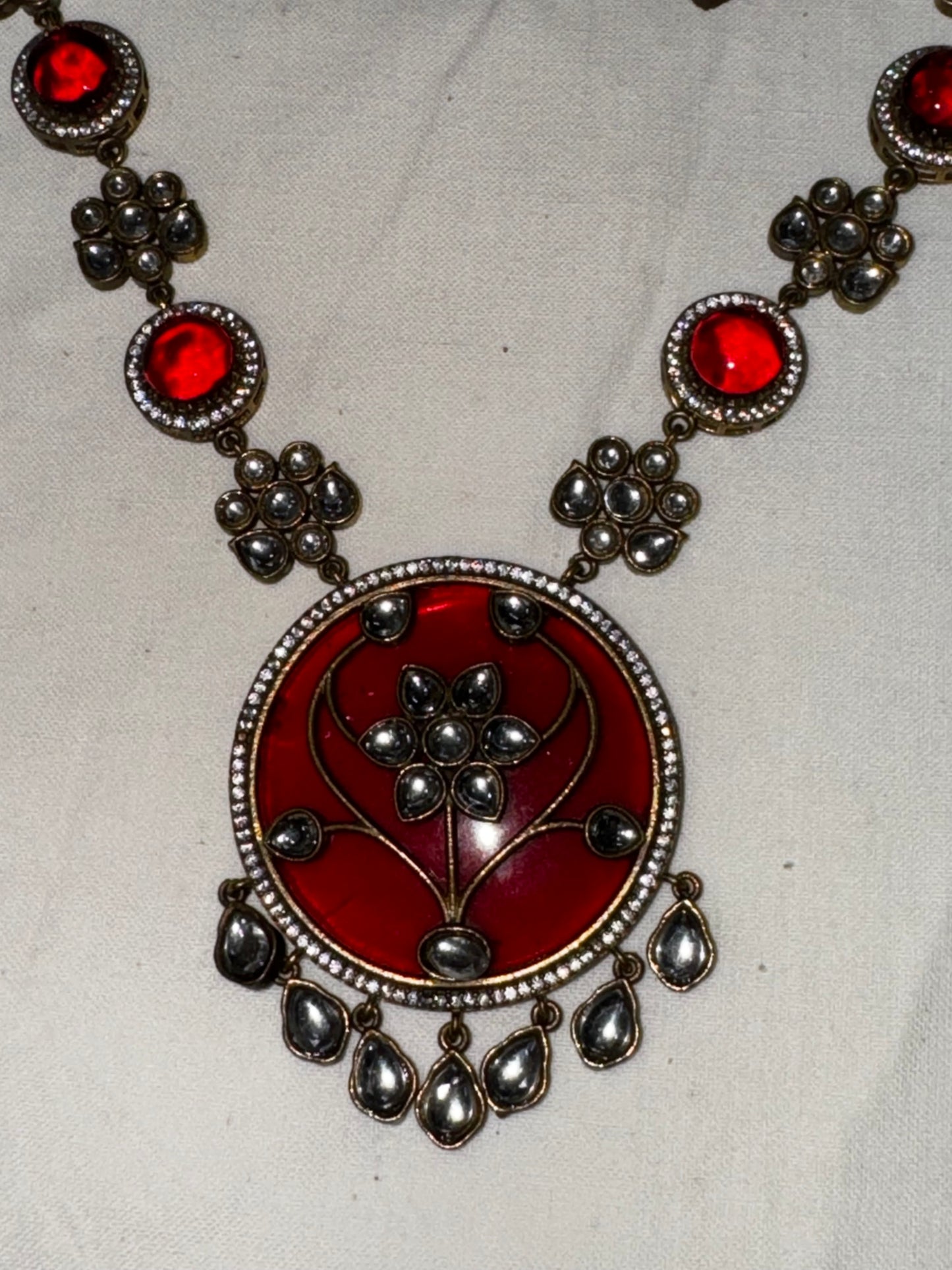 Red moissanite polki with pachi work heavy look neckpiece earrings set