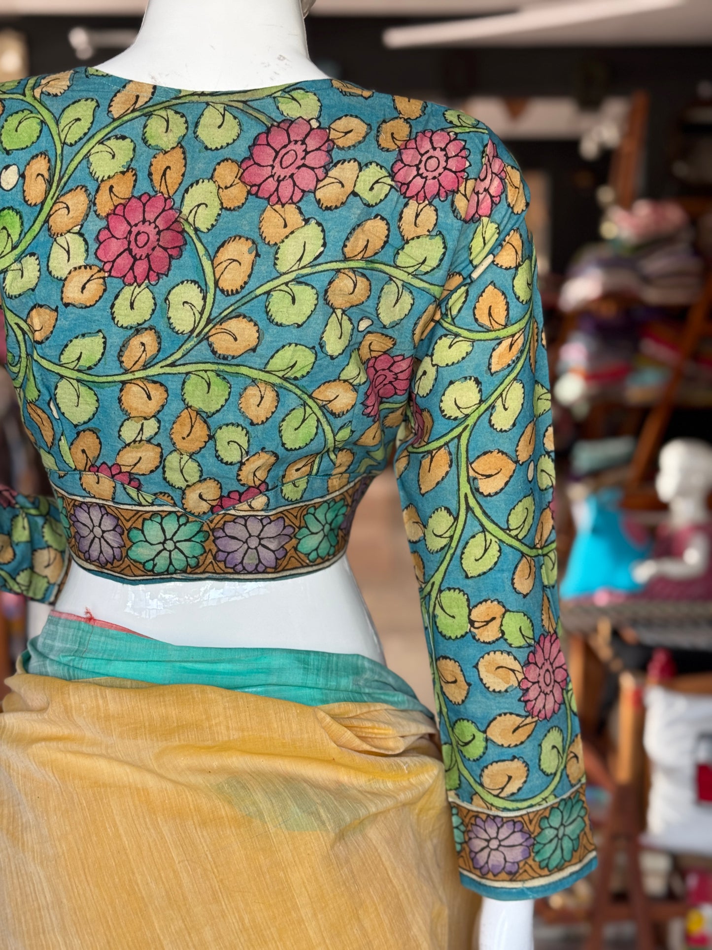 Blue Pen kalamkari hand painted cotton blouse with long sleeves