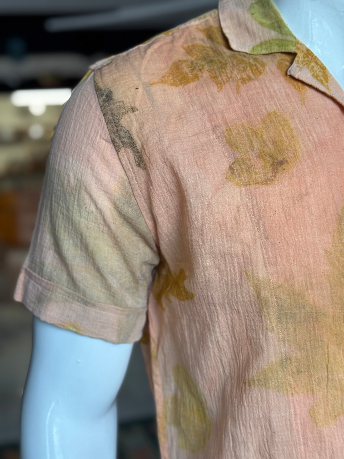 Peach leaf eco printed textured cotton half sleeves shirt for men