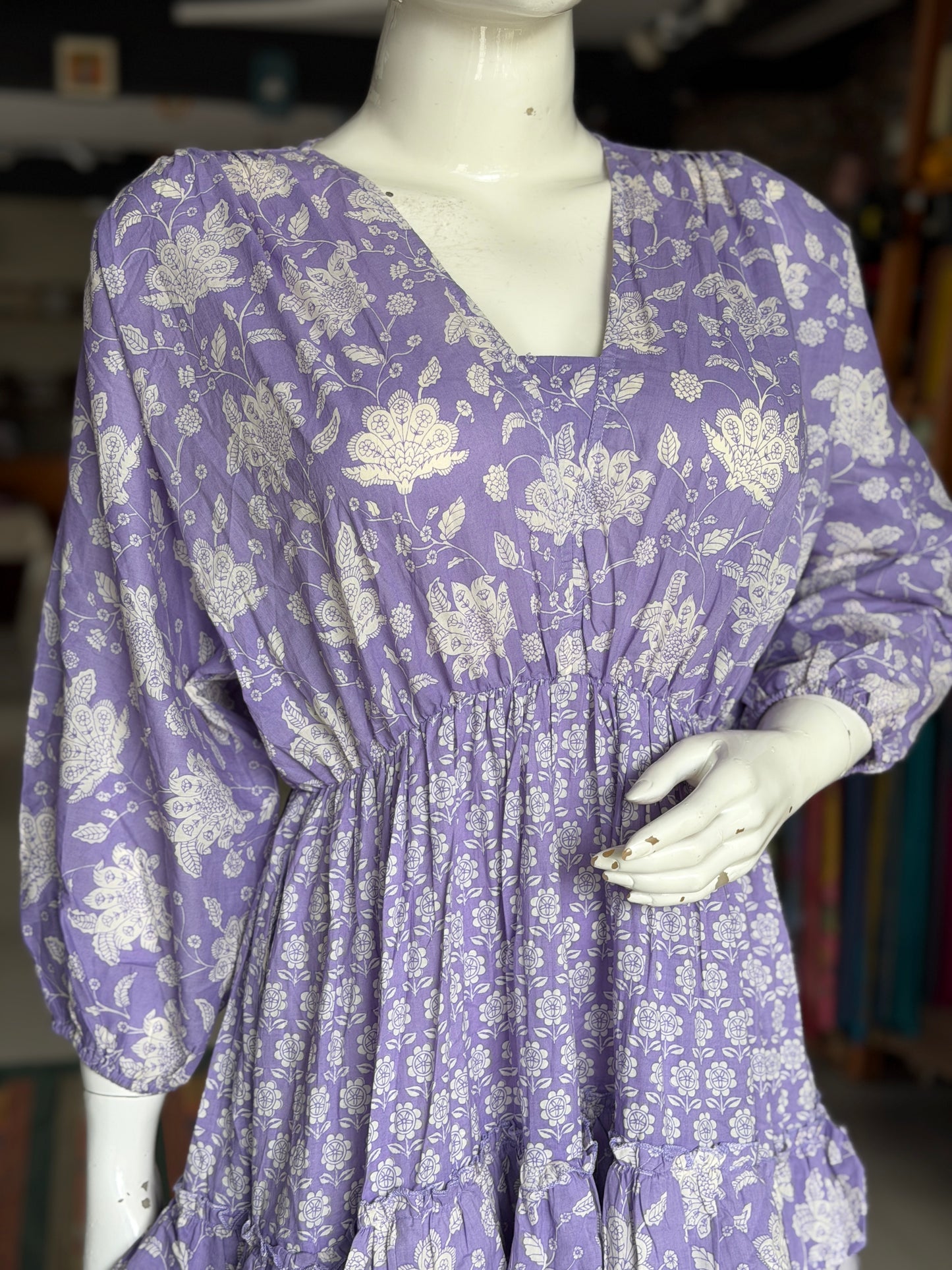 Lavender floral cotton tiered frills dress - free size with elastic waist