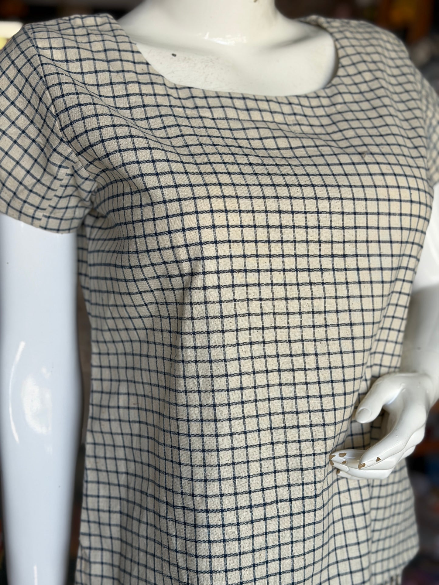 Off white and blue checks Hand spun, Handwoven, natural yarn dyed cotton top