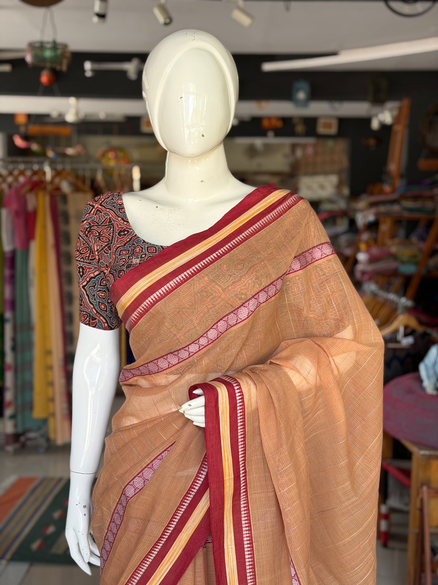 Maroon and Indigo Ajrakh handblock printed, natural dyed cotton back open blouse