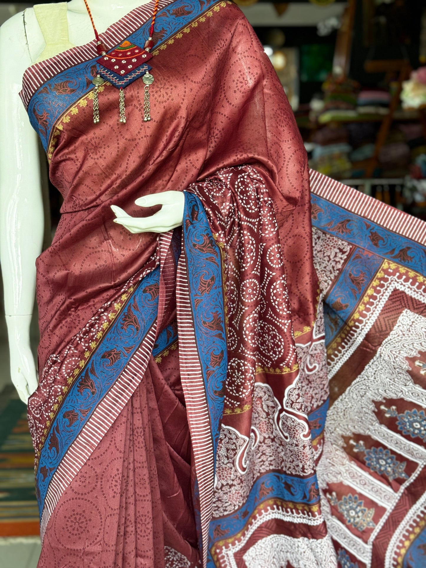 Wine shade hand block print silk cotton saree