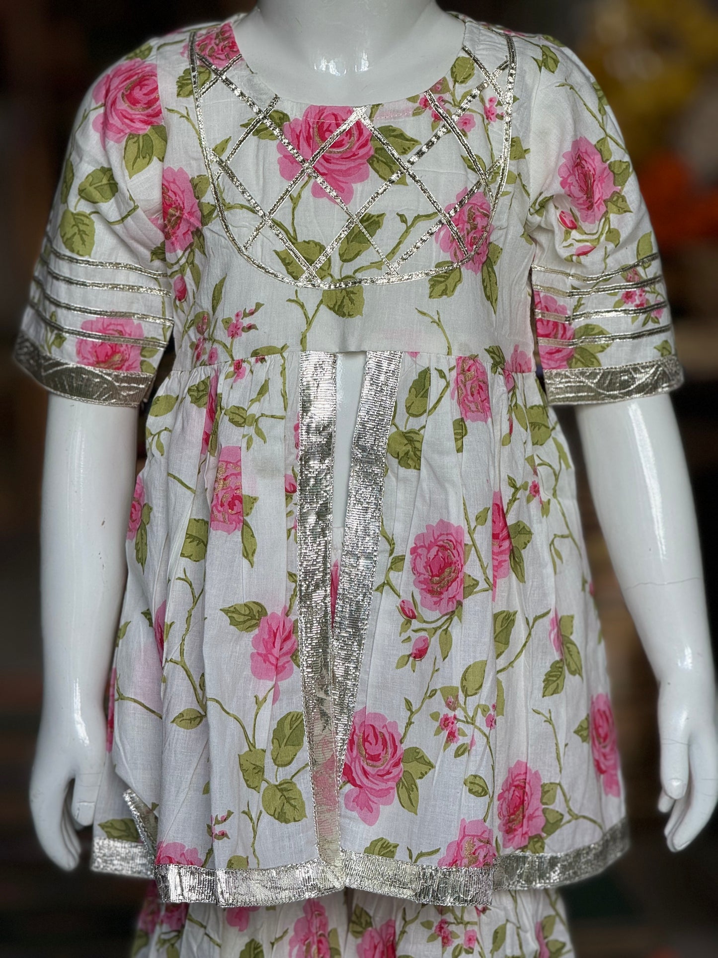 White pink floral front slit cotton flared kurta and sharara pants set for girls with gota detailing