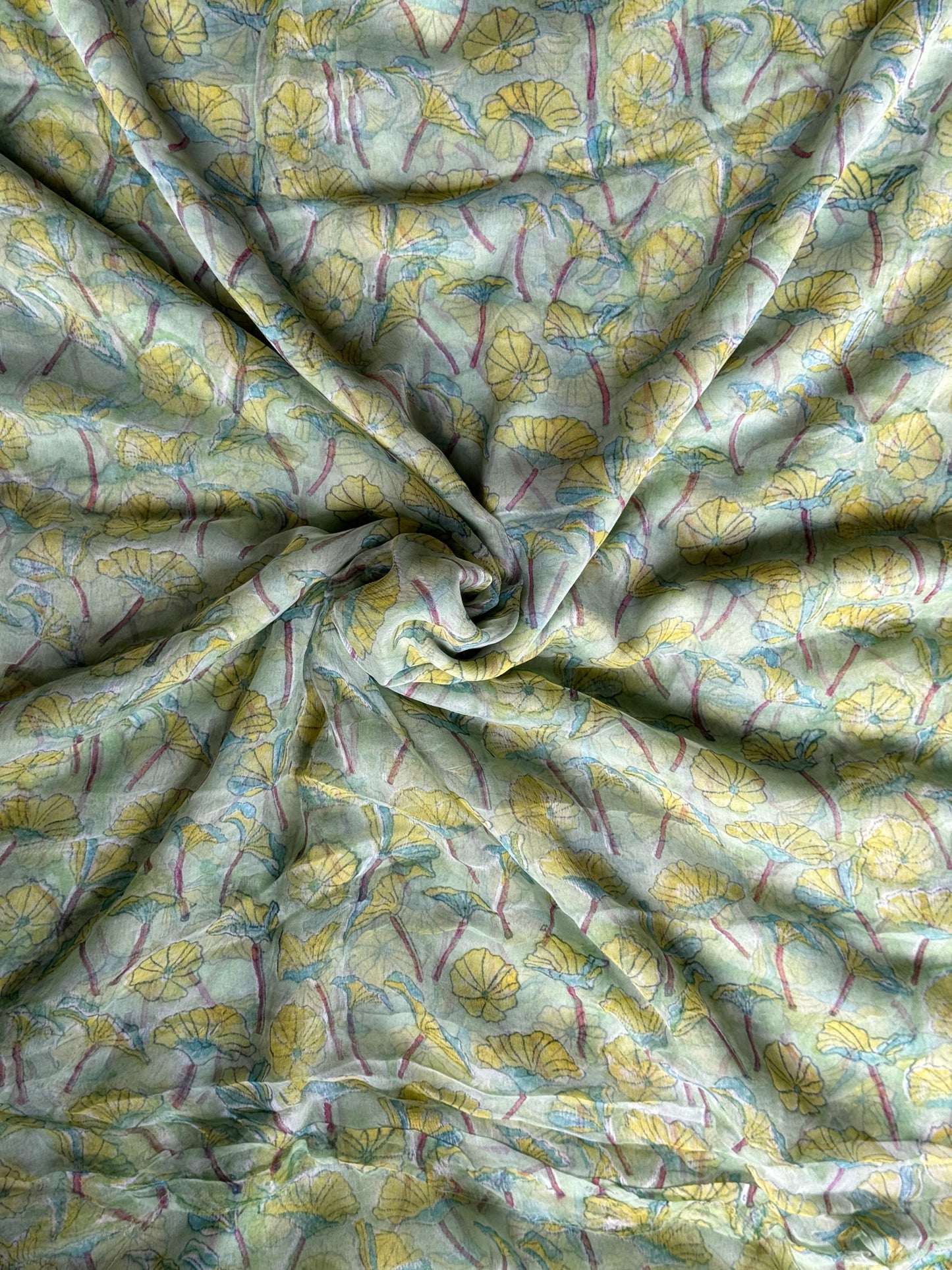 Green floral hand block printed light and soft chiffon fabric