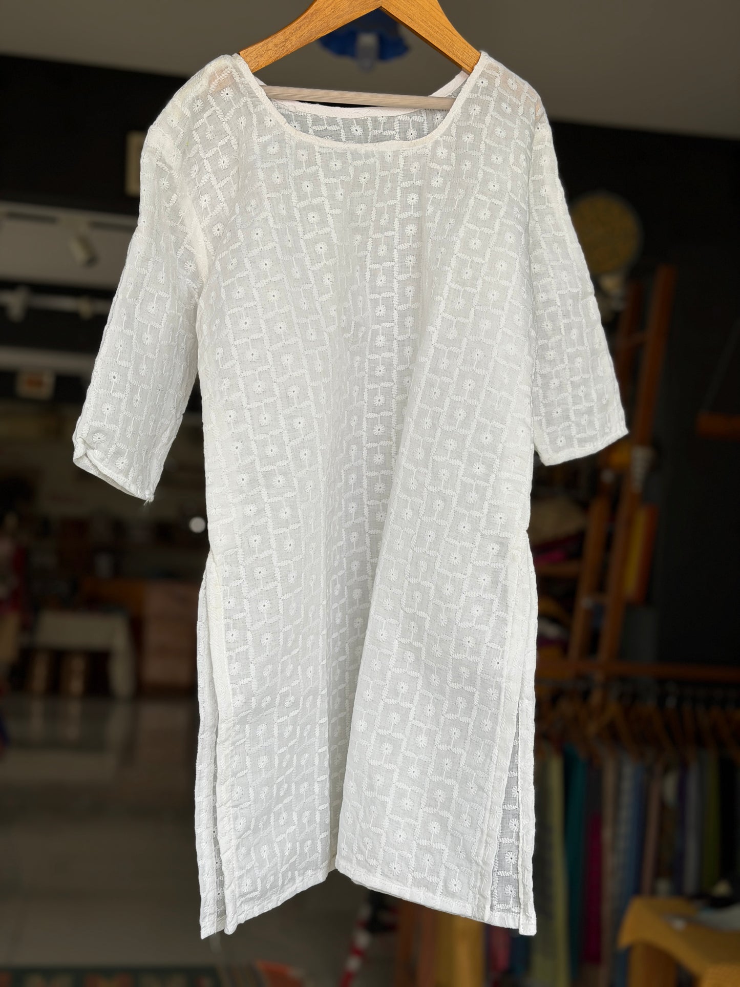 White hakoba cotton straight cut kurti for girls