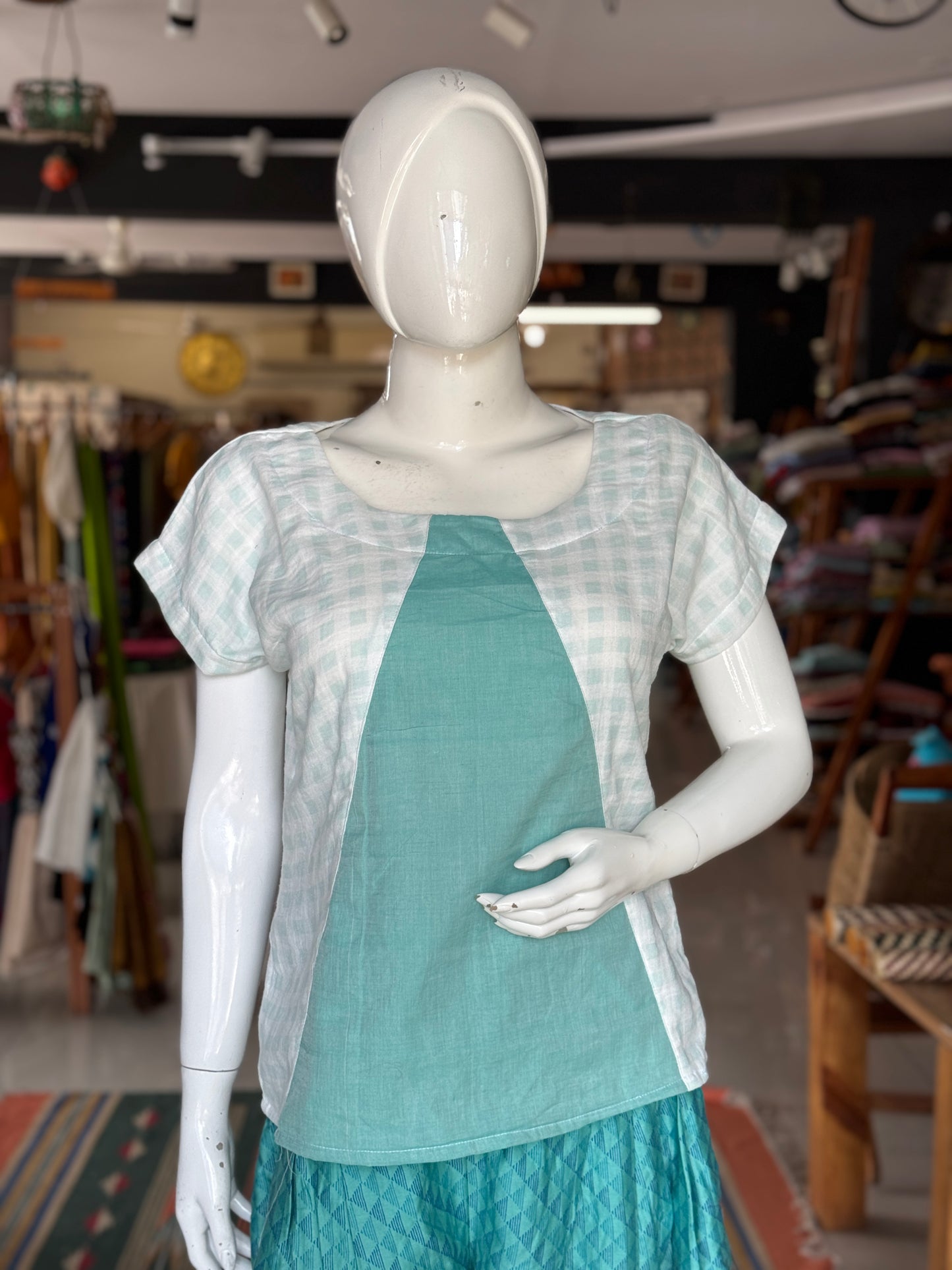 White n sea green checks soft double cotton crushed look top