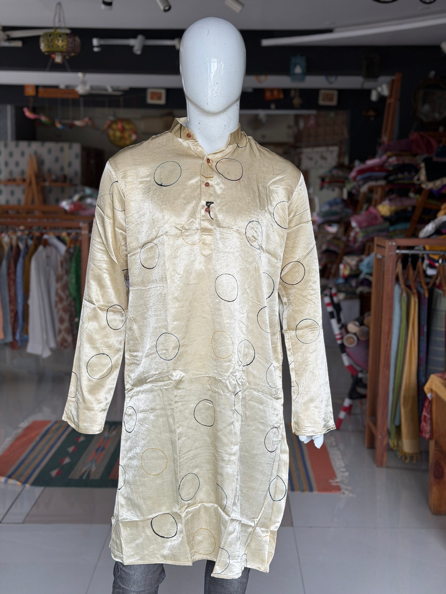 Beige circles hand block printed Ajrakh mashru long kurta for men