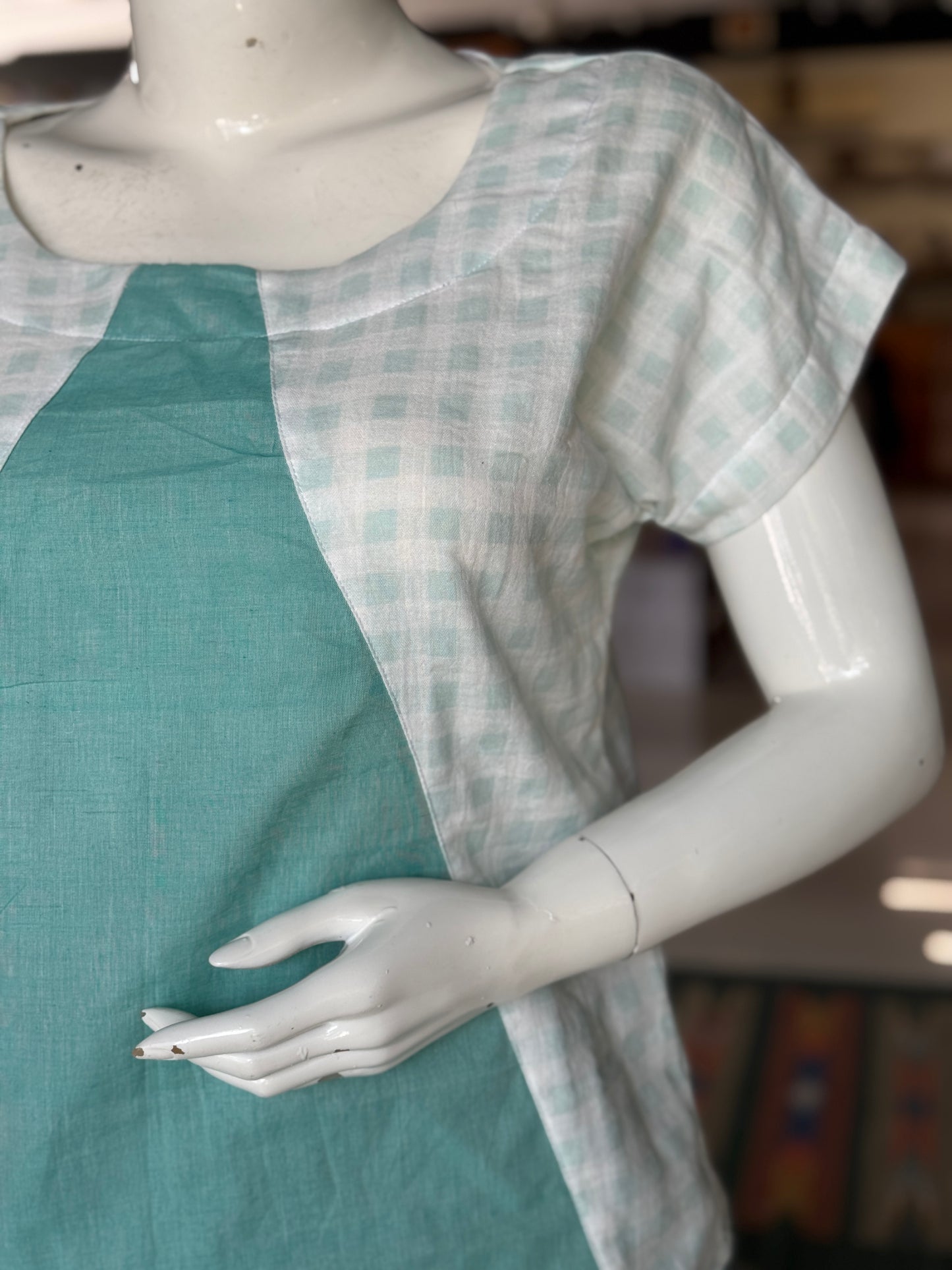 White n sea green checks soft double cotton crushed look top