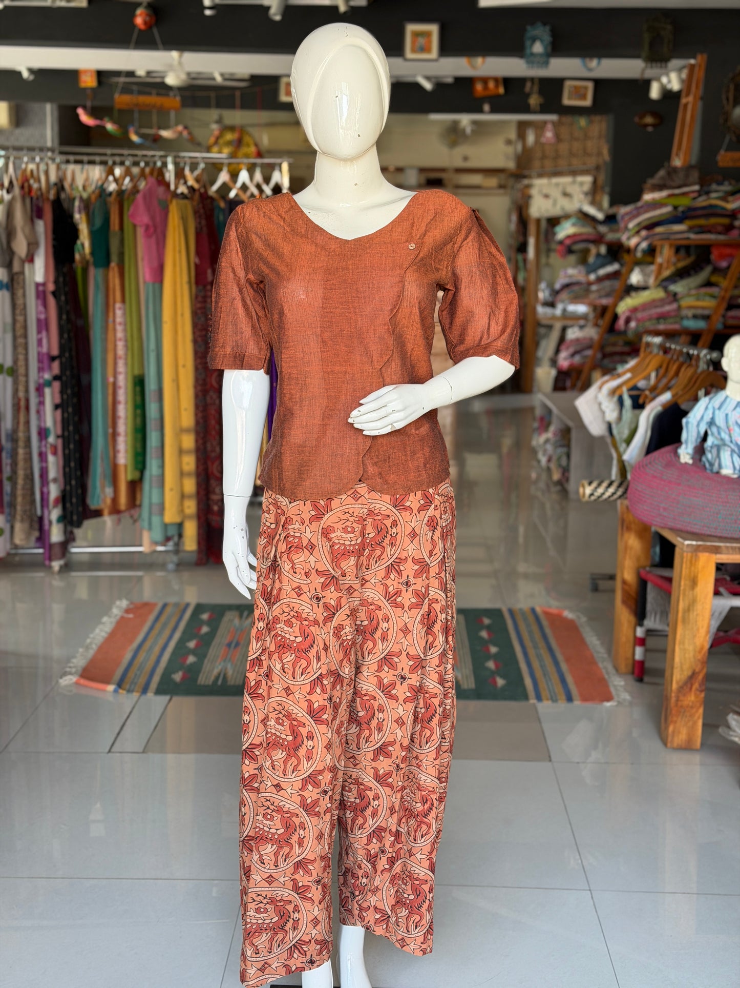 Brown soft mul handwoven cotton top with one side scallop cross panel