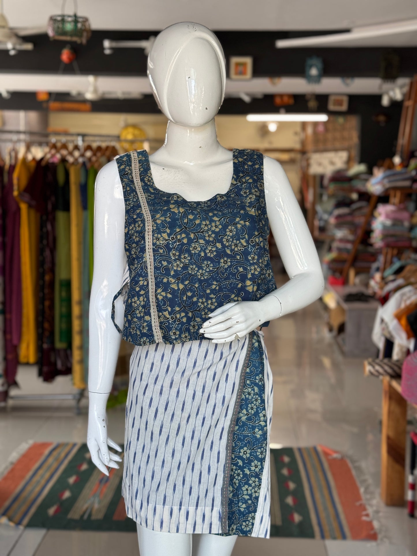 Short wrap skirt n crop top - 4 way handcrafted cotton coord set - free sized side ties crop top and wrap around skirt