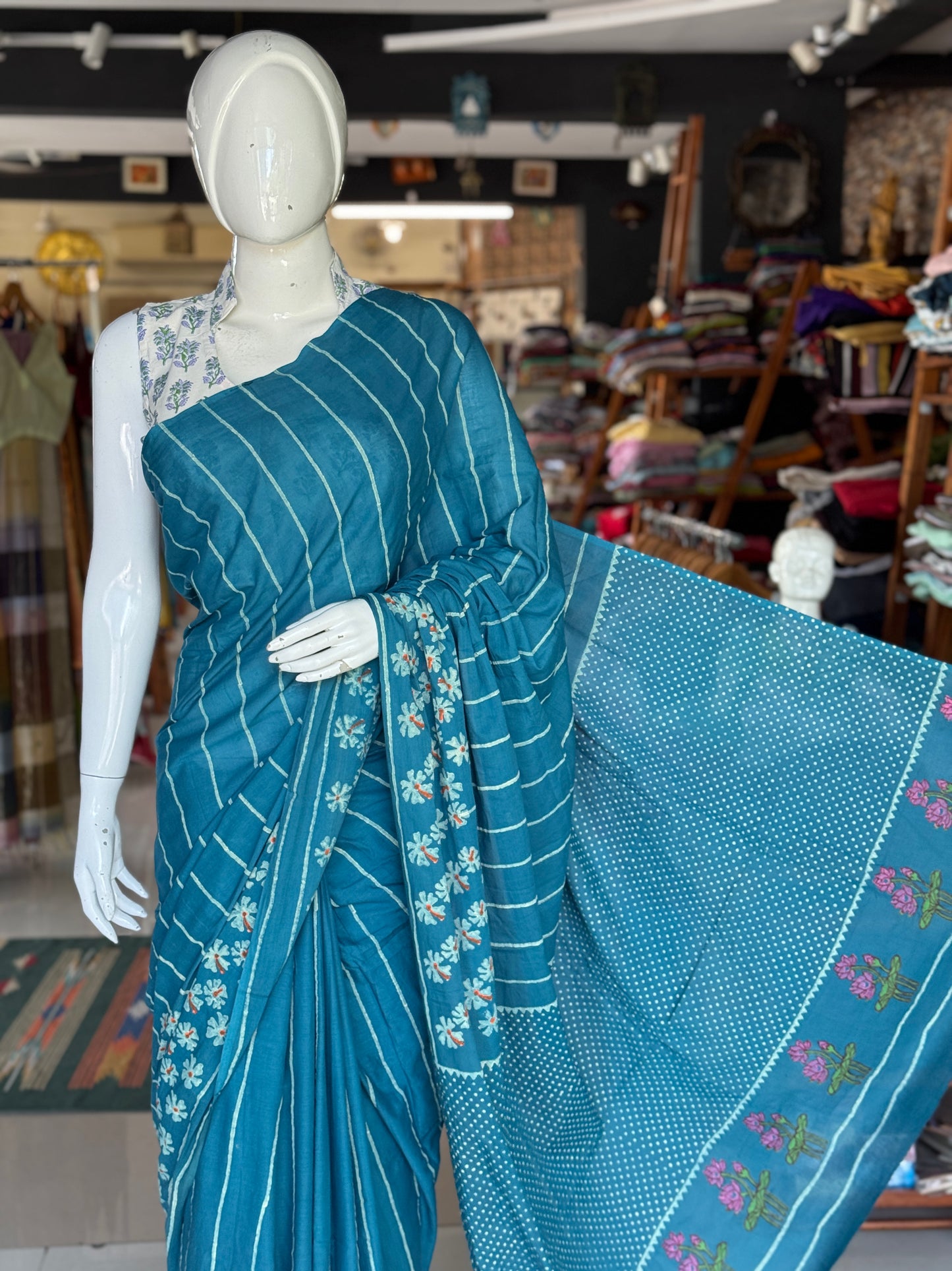 Parijat - the sacred flower - hand block printed teal tone cotton saree