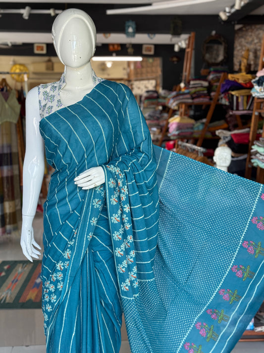 Parijat - the sacred flower - hand block printed teal tone cotton saree