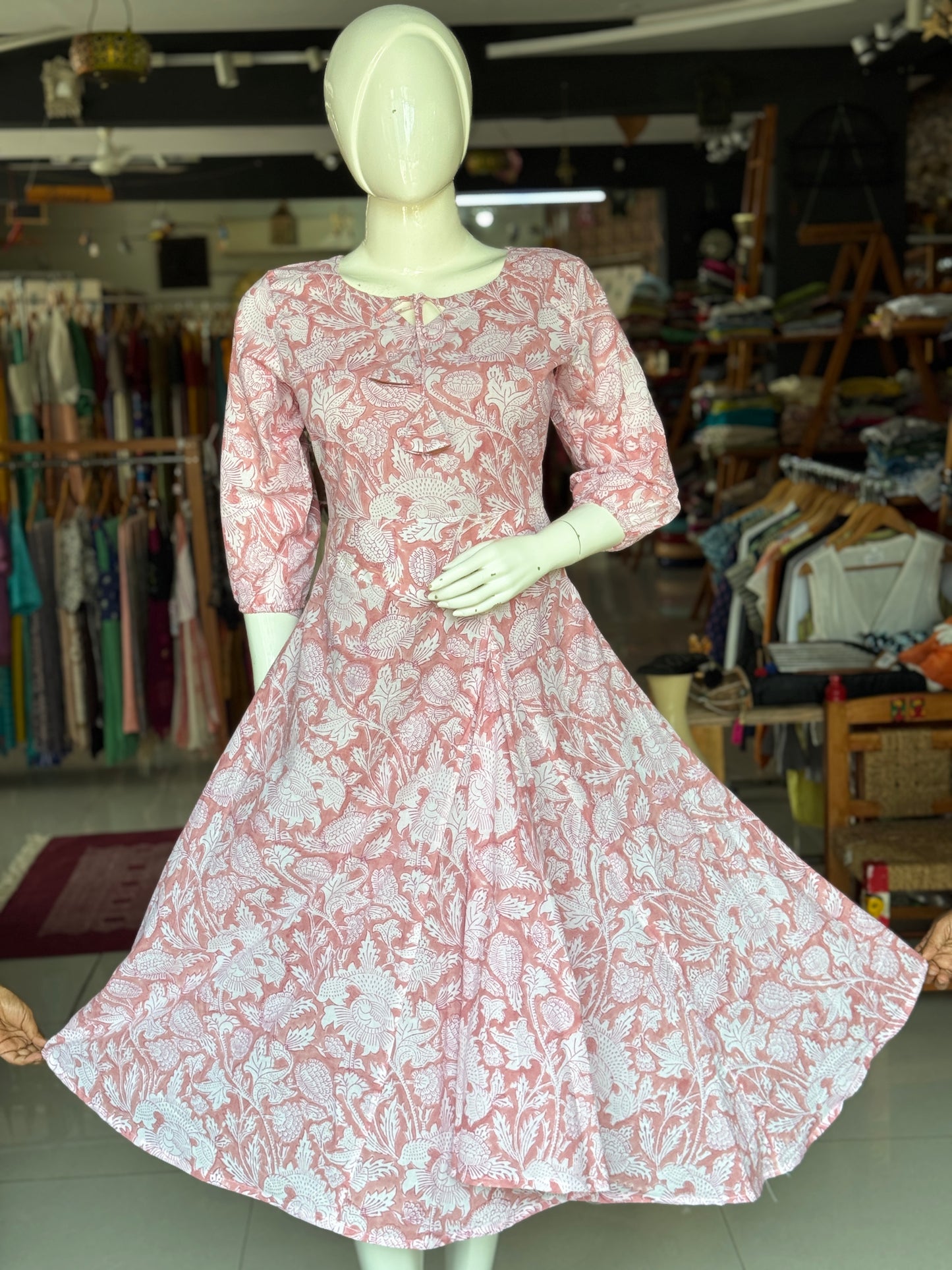 Peach floral handblock printed cotton dress with fancy skirt