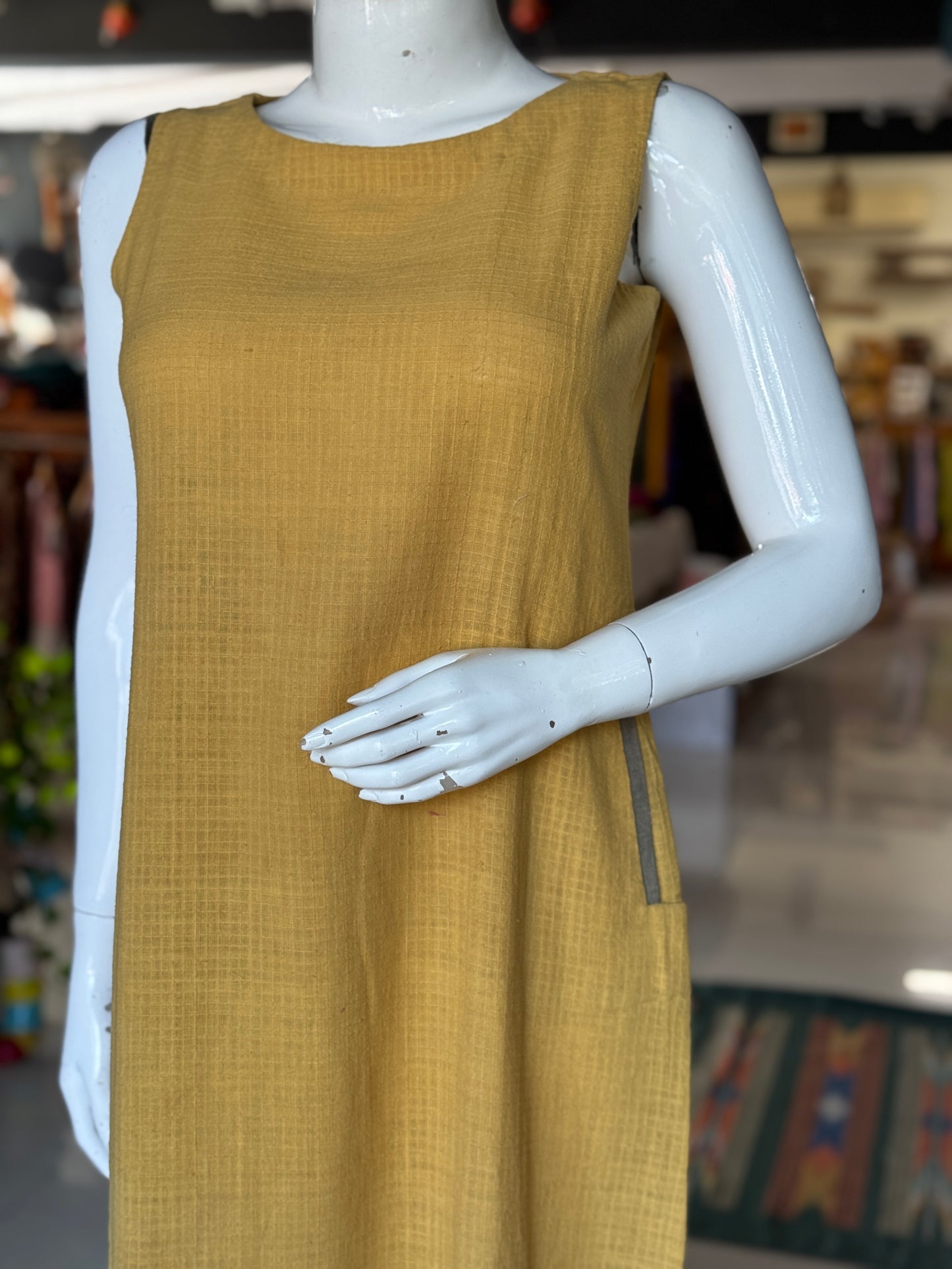 Yellow natural dyed , hand woven, textured organic cotton dress