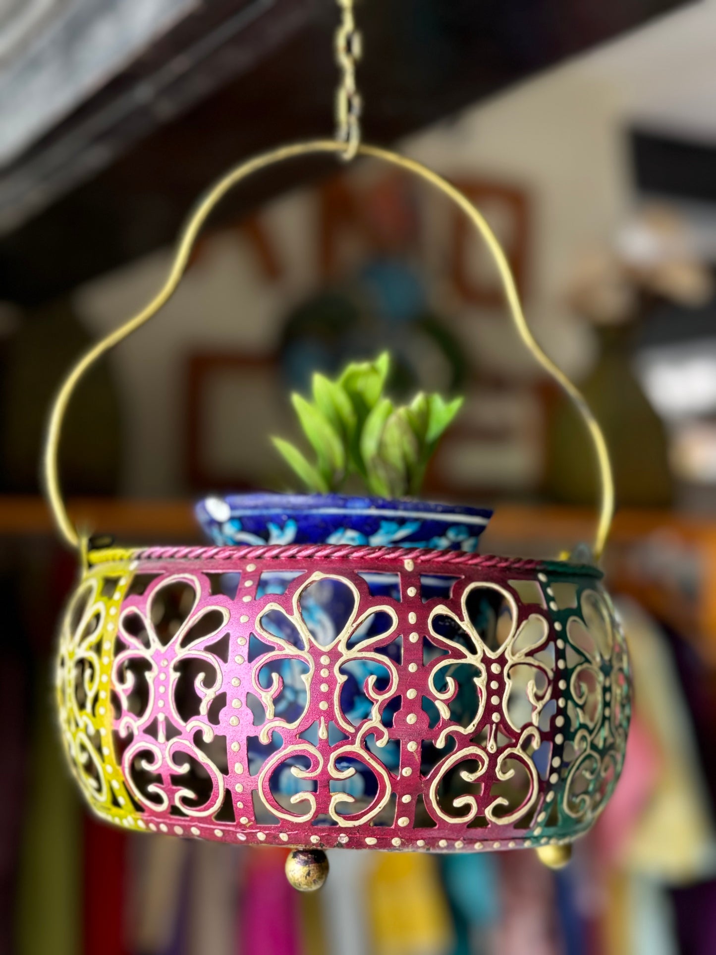 Metal jaali basket shaped planter decor