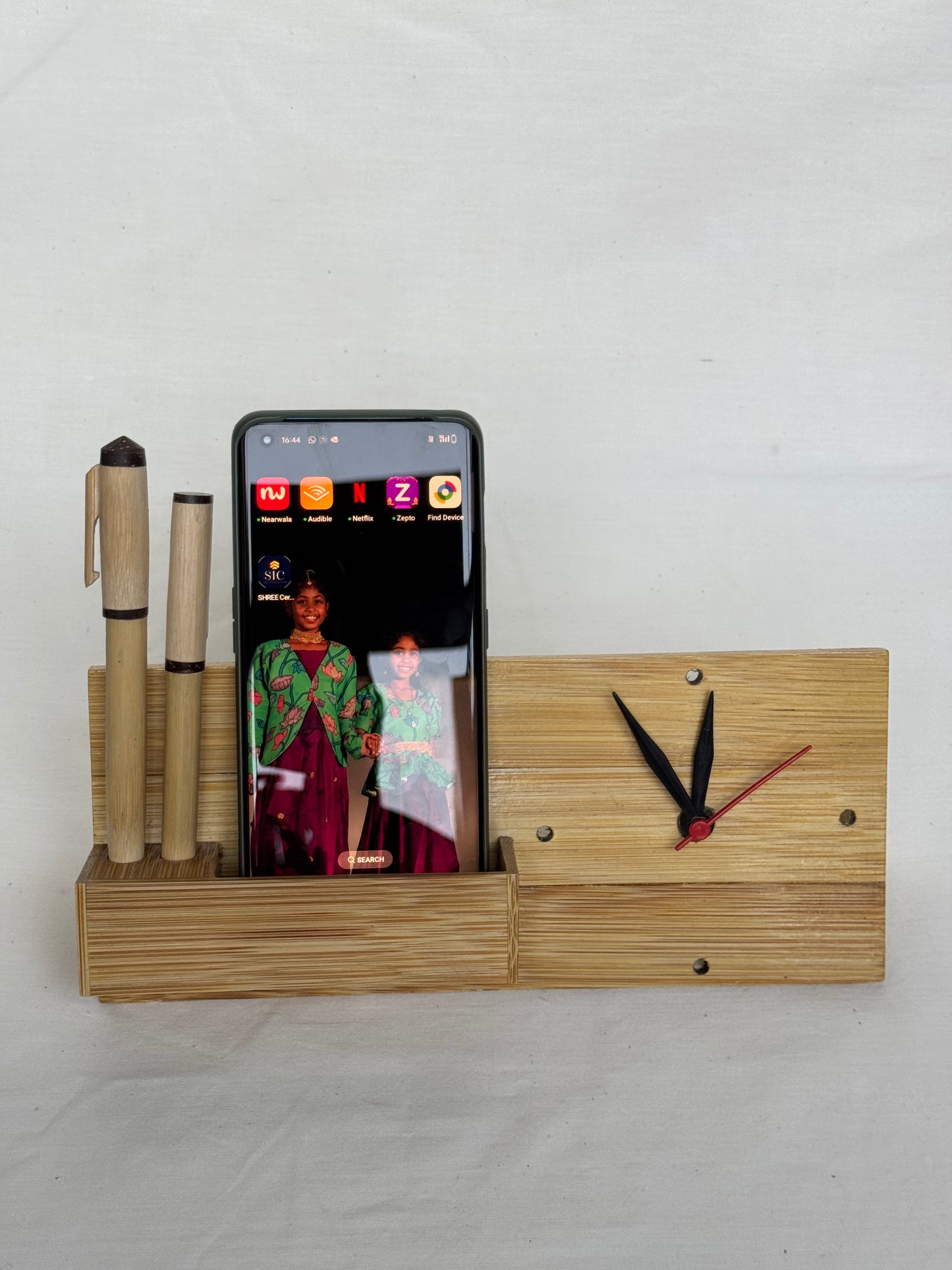 Bamboo desk organizer with card holder, pen stand and clock