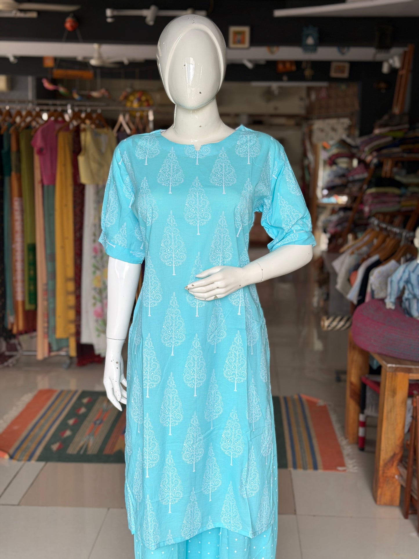Blue cypress print cotton kurti paired with a matching dots print barrel pants - 2 piece set