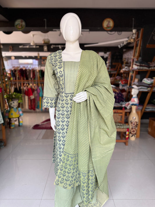 Green cotton hand block printed 3 piece suit set with stripes and flowers print