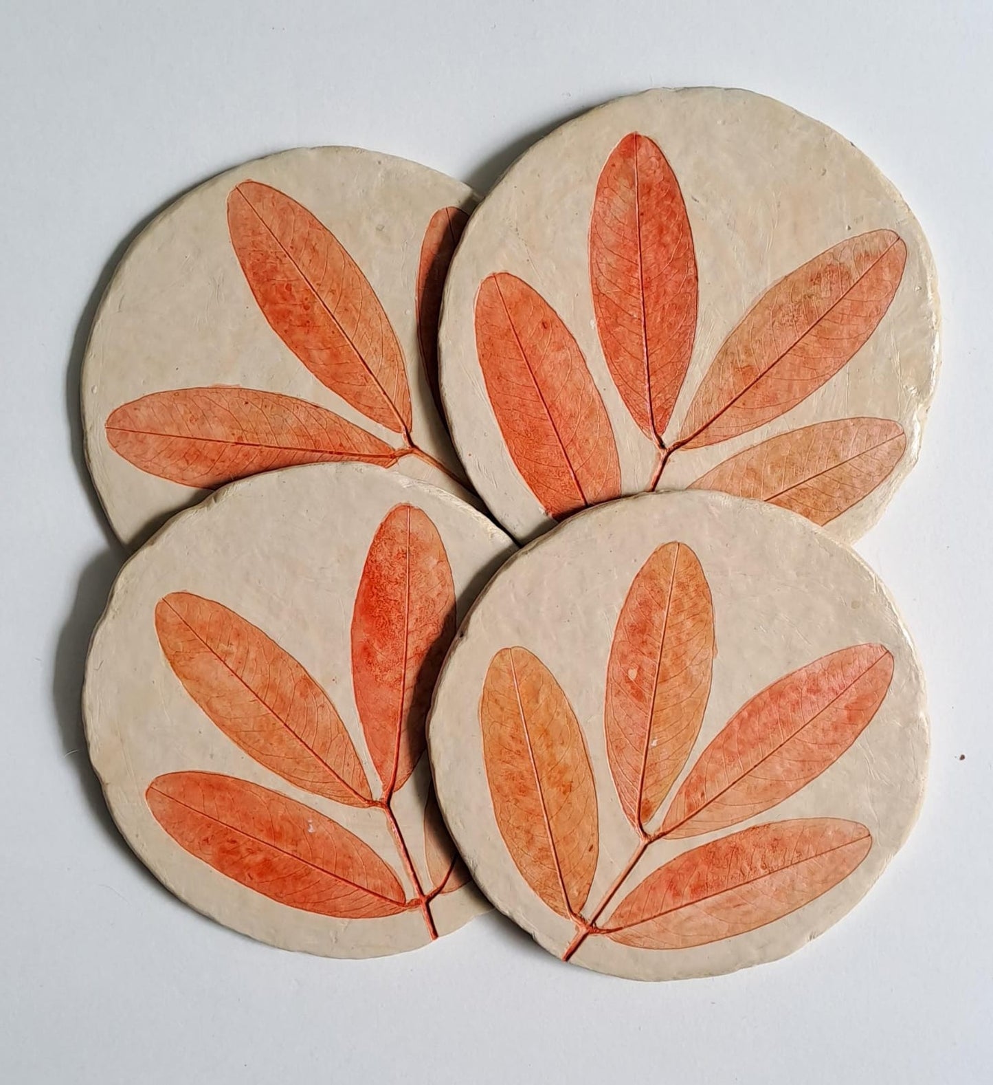 Round Coasters 4 piece set - handmade Papier mache - 4 leaves design