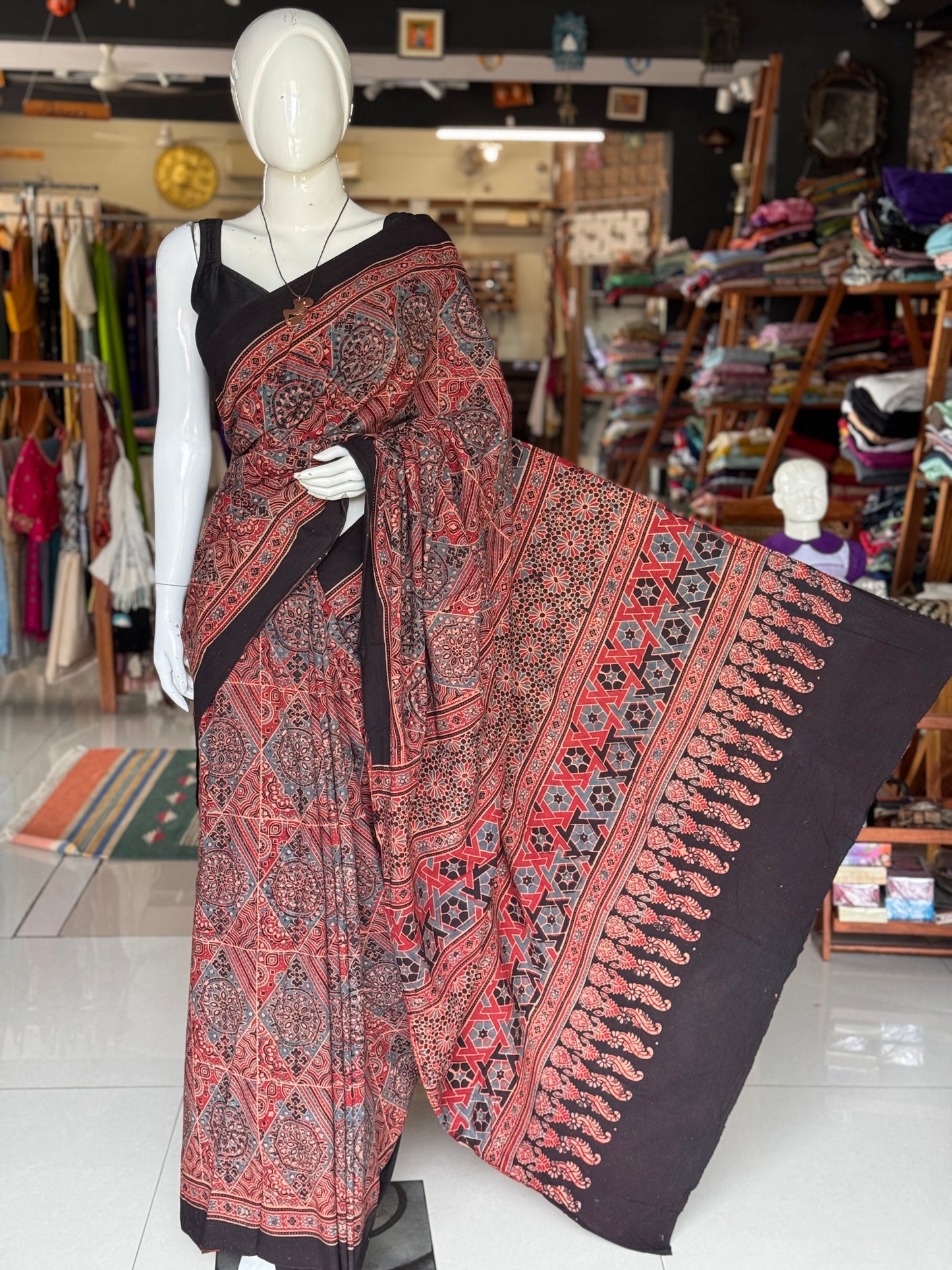 Ajrakh hand block printed 60s cotton saree - design options available