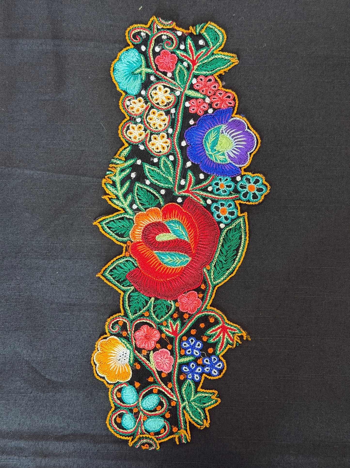 Colorful flowers and leaves embroidered patch border on black net base