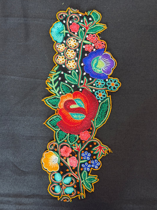 Colorful flowers and leaves embroidered patch border on black net base