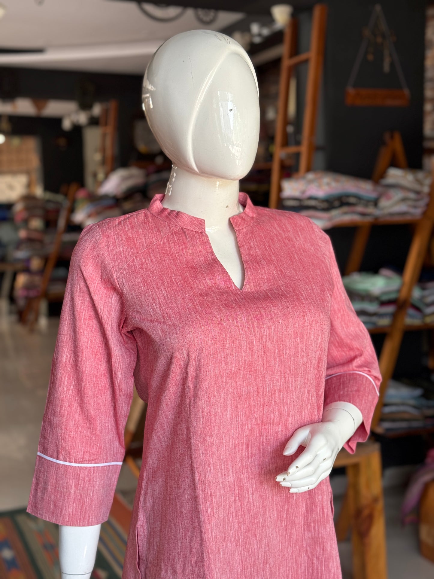 Pink band collared cotton kurta n pants - 2 piece coord set