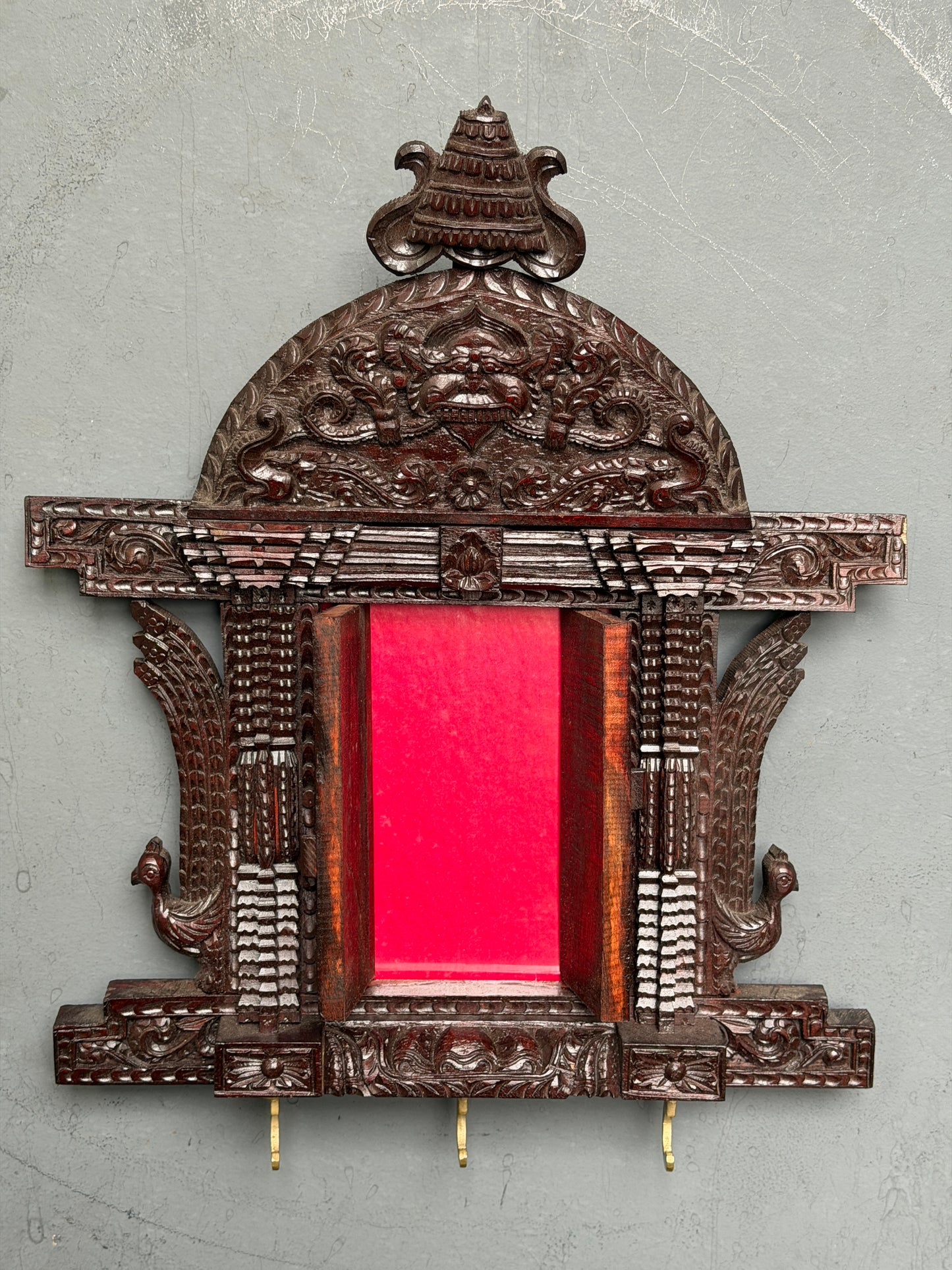 Intricate carved wood Jharokha wall decor - key hanger cum photo frame cub decorative - hand crafted wall decor with 2 little doors