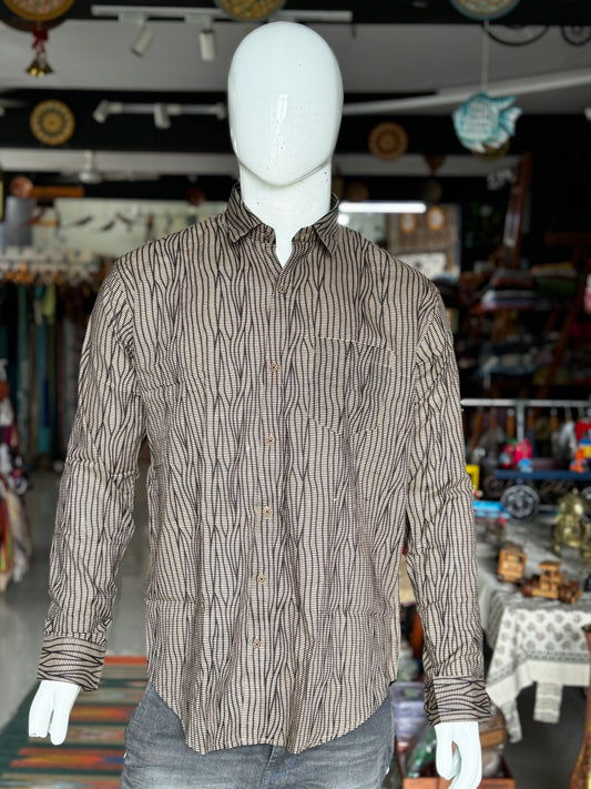 Black curvy lines hand block printed full sleeves cotton shirt for men