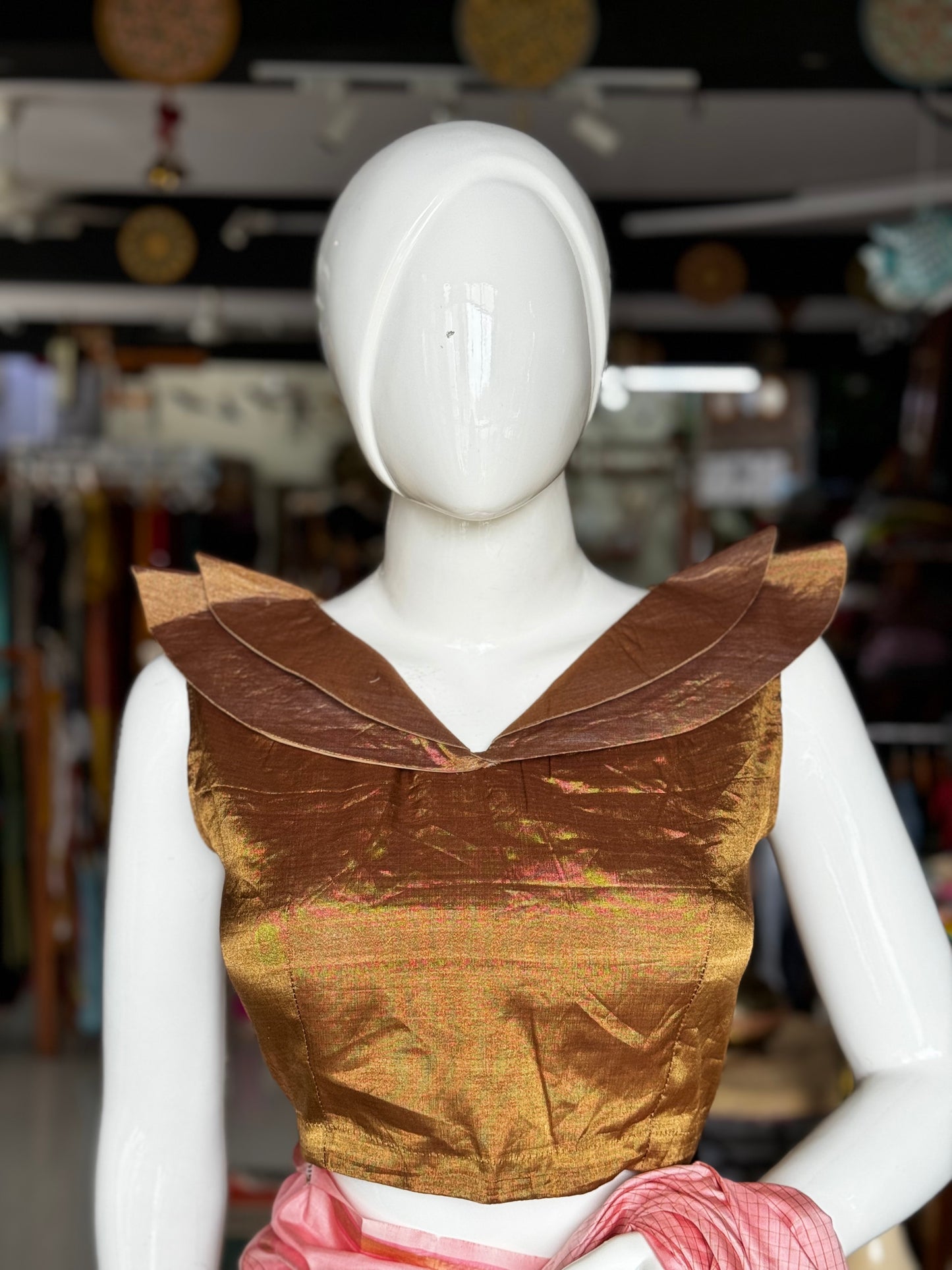 Gold tissue silk Chanderi handloom sleeveless blouse with layered neck detailing