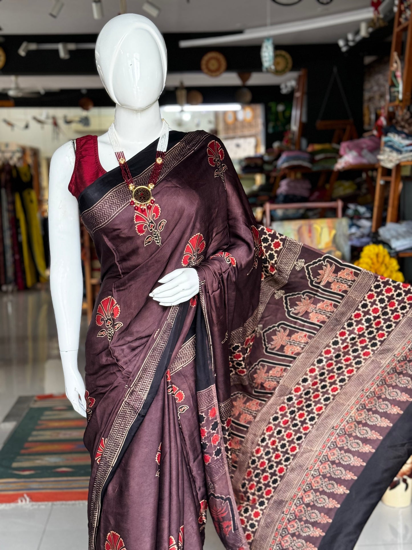 Ajrakh hand block printed soft modal saree in shades of Aubergine