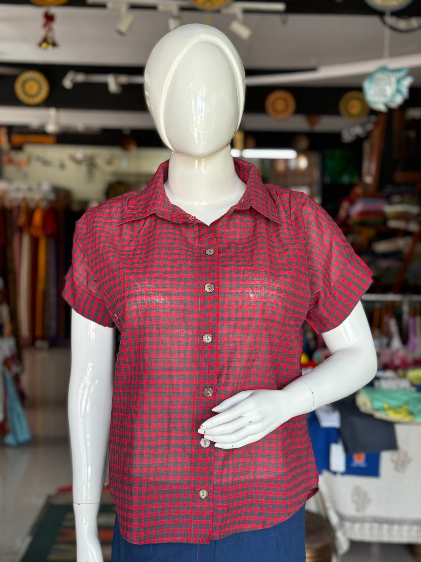 Red and grey checkered handloom cotton free size shirt with natural wooden buttons